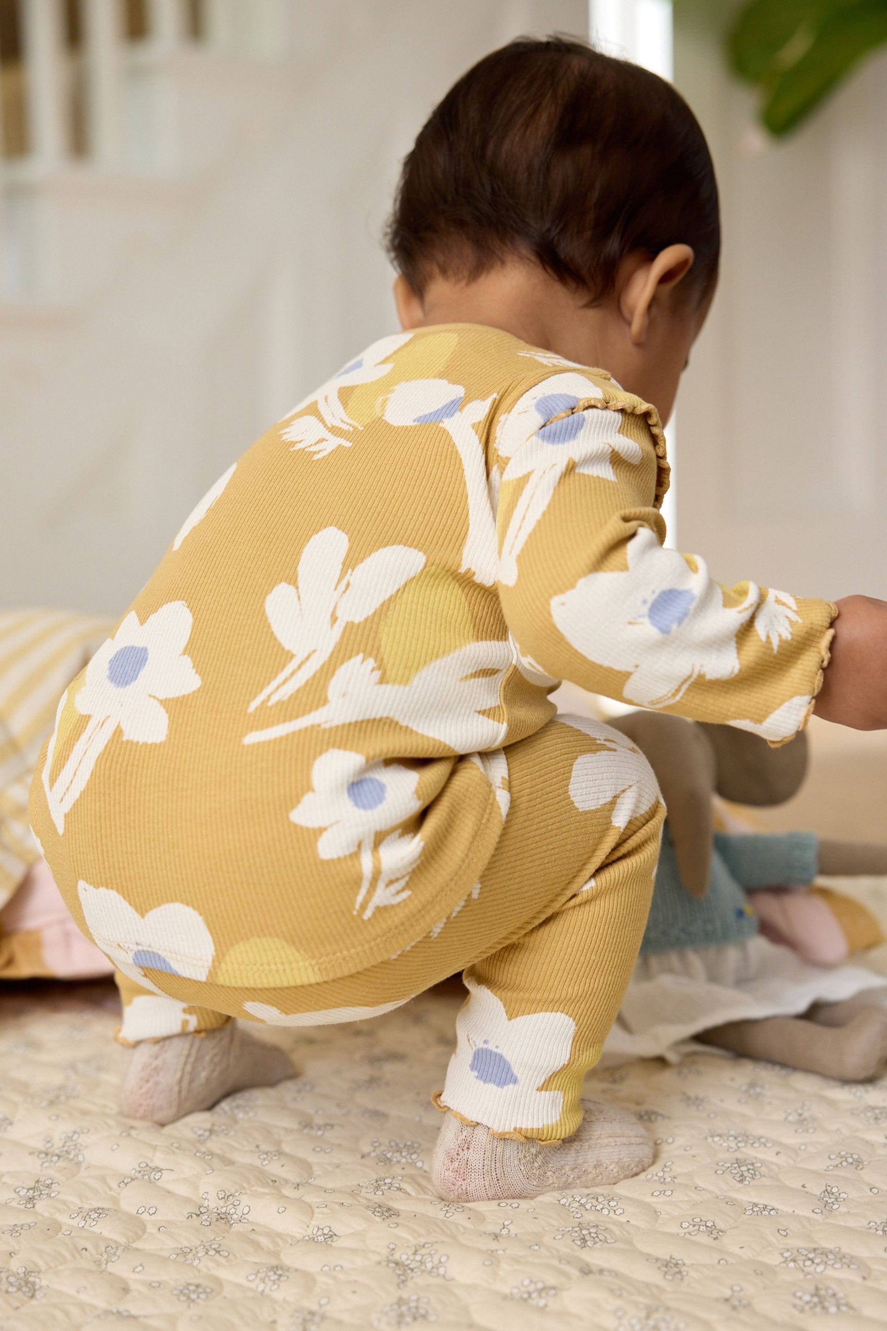 Ochre Yellow Floral Baby Top And Leggings Set