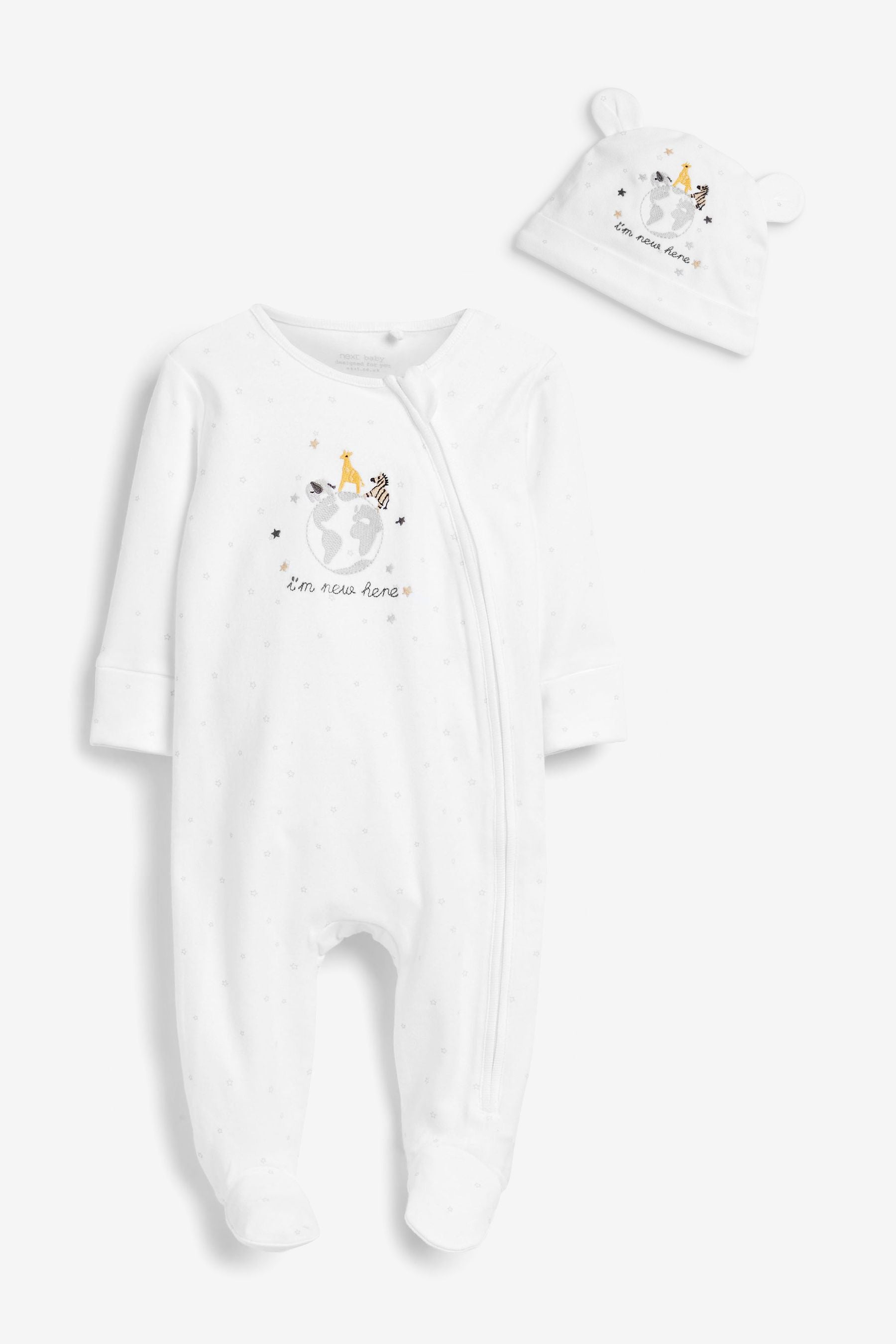 White Next Baby I'm New Here Zip Sleepsuit And Hat (0-6mths)