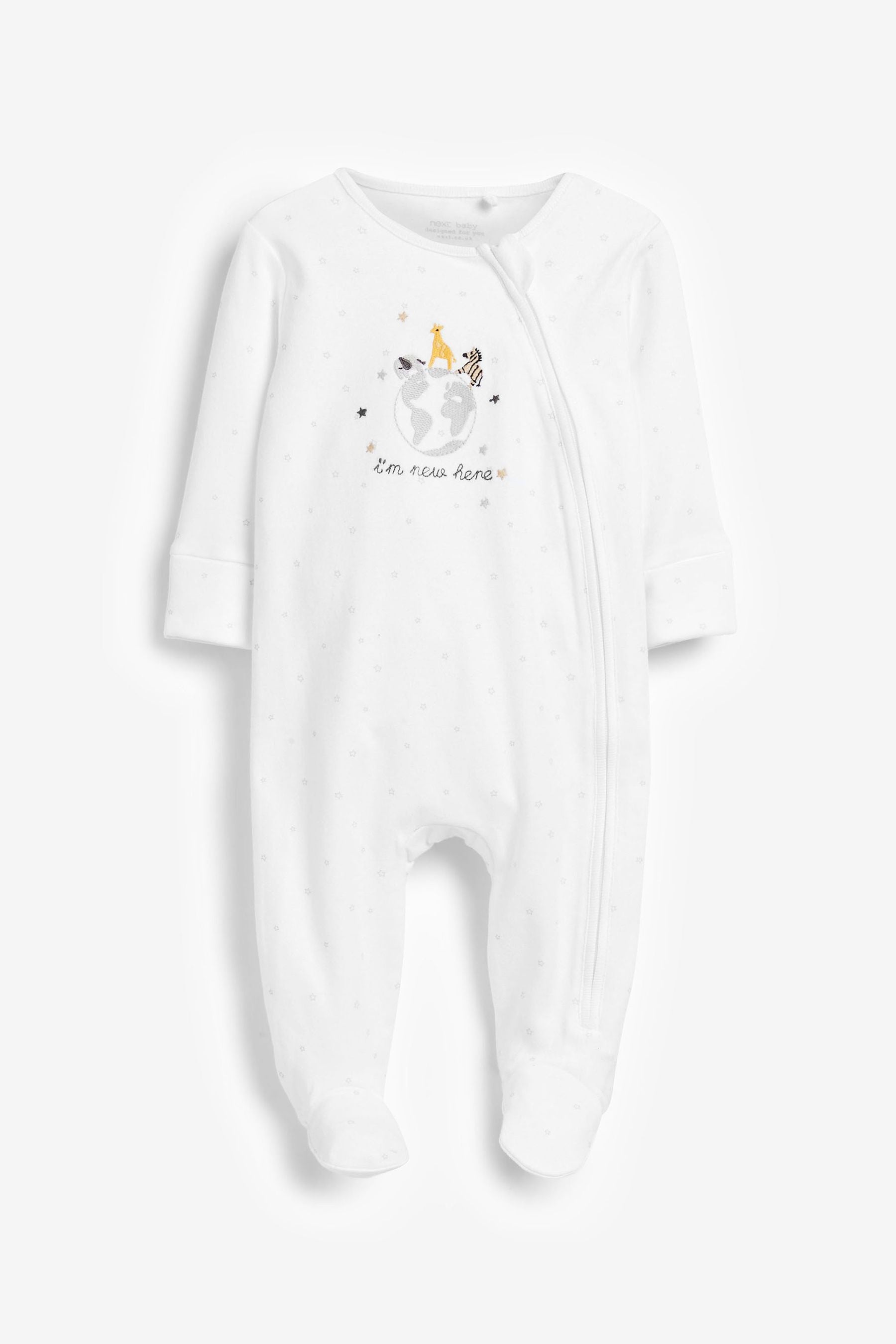 White Next Baby I'm New Here Zip Sleepsuit And Hat (0-6mths)