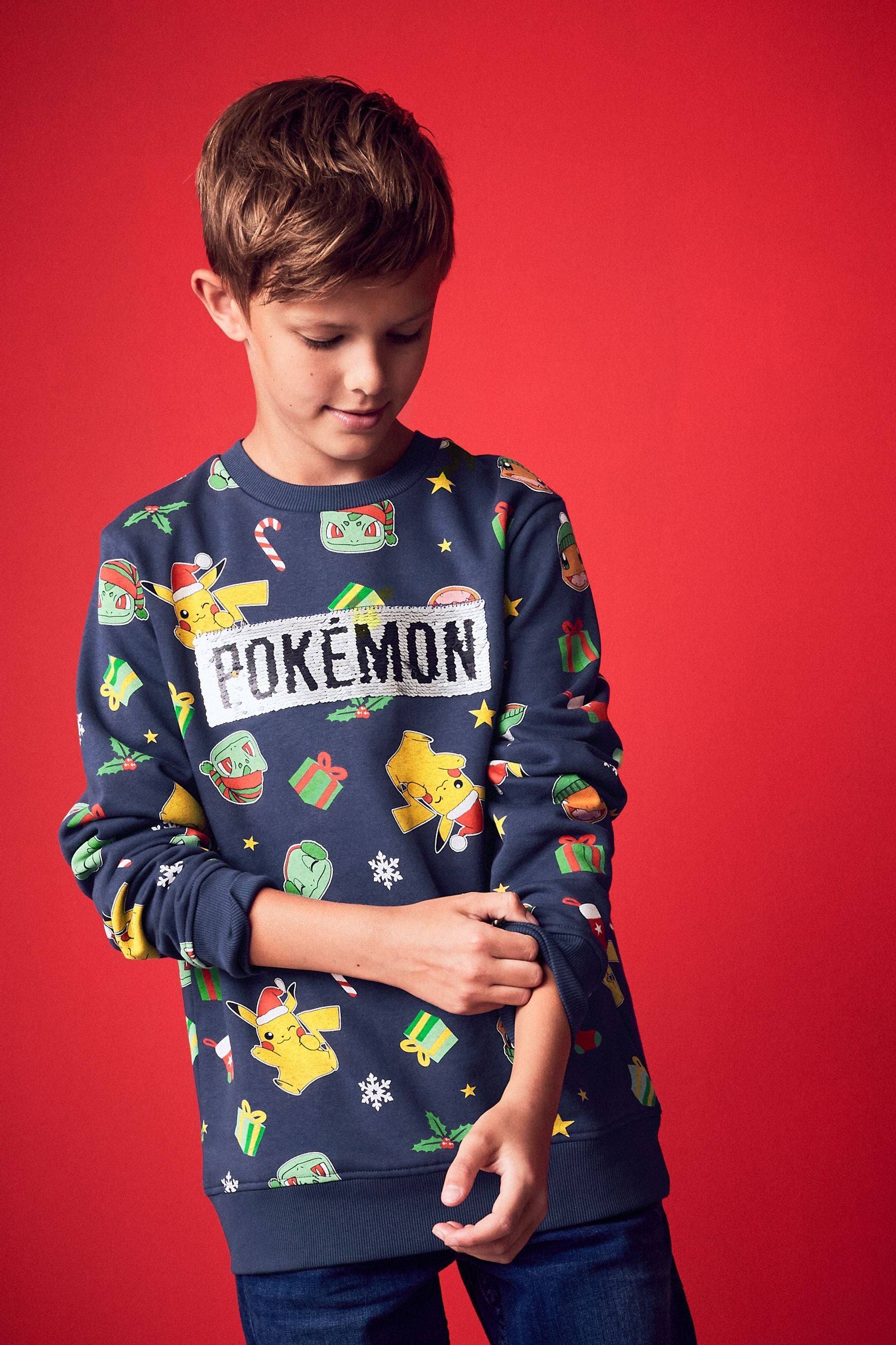 Navy Blue Christmas Pokémon License Crew Sweatshirt (3-16yrs)