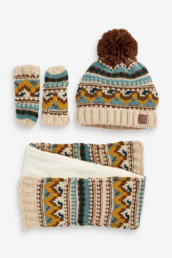 Ecru Fairisle Hat, Scarf and Mitten Set (3mths-10yrs)