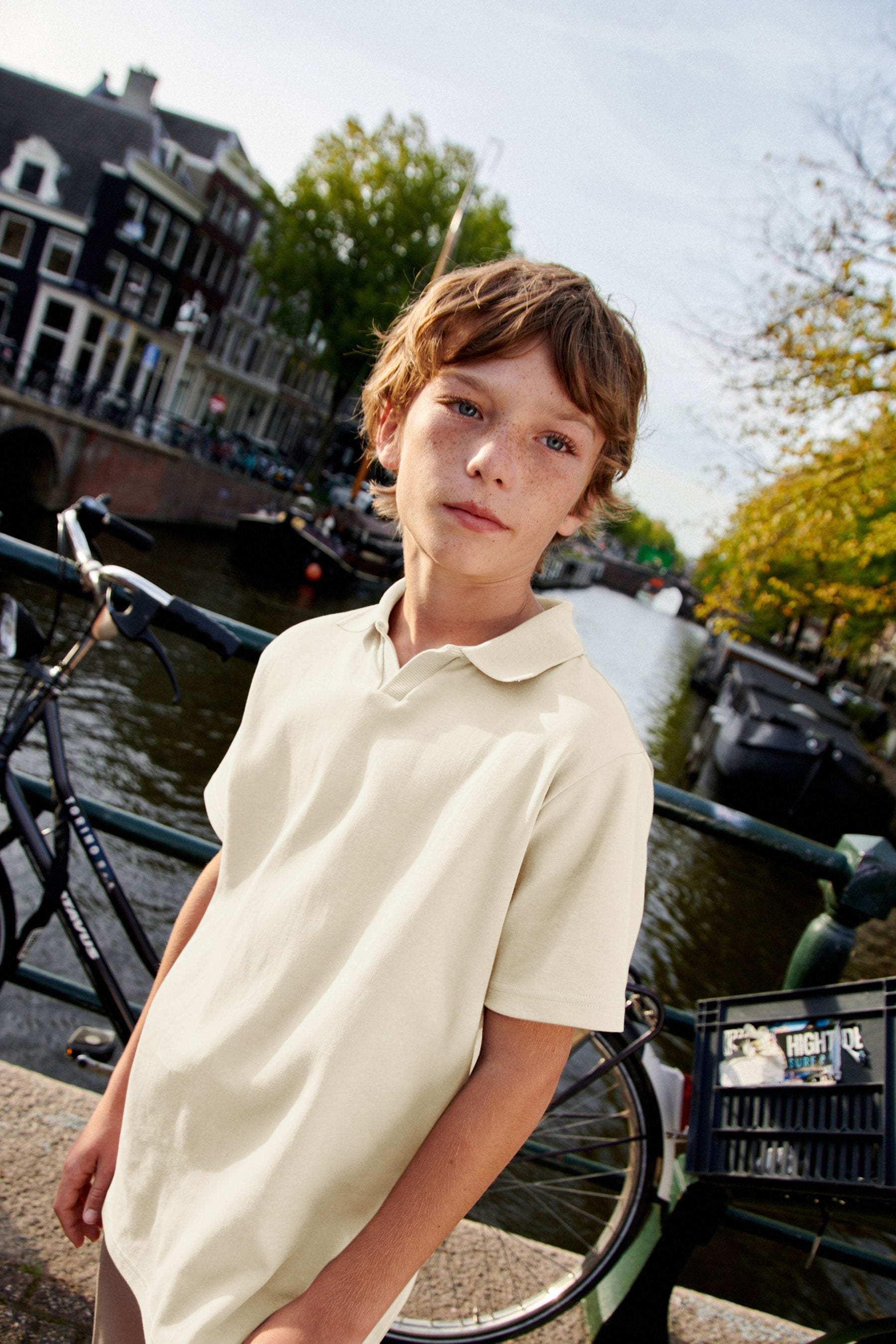 Ecru/White Revere Collar Short Sleeve Polo Shirt (3-16yrs)