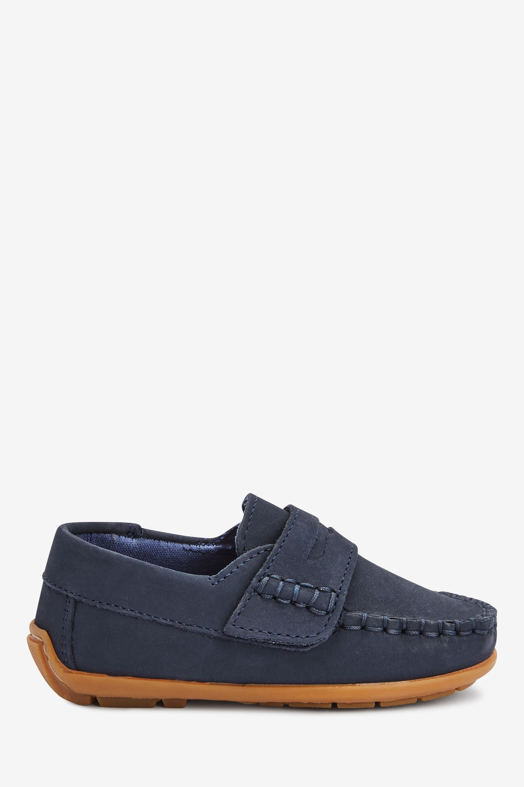 Navy Leather Penny Loafers with Touch and Close Fastening