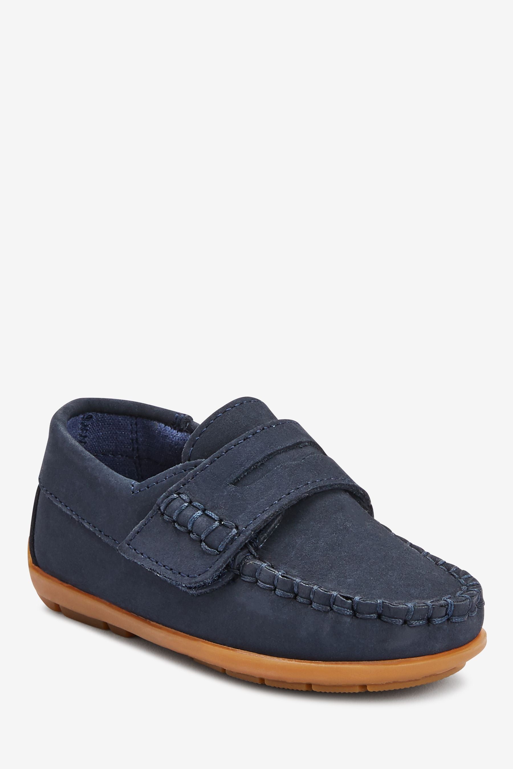 Navy Leather Penny Loafers with Touch and Close Fastening