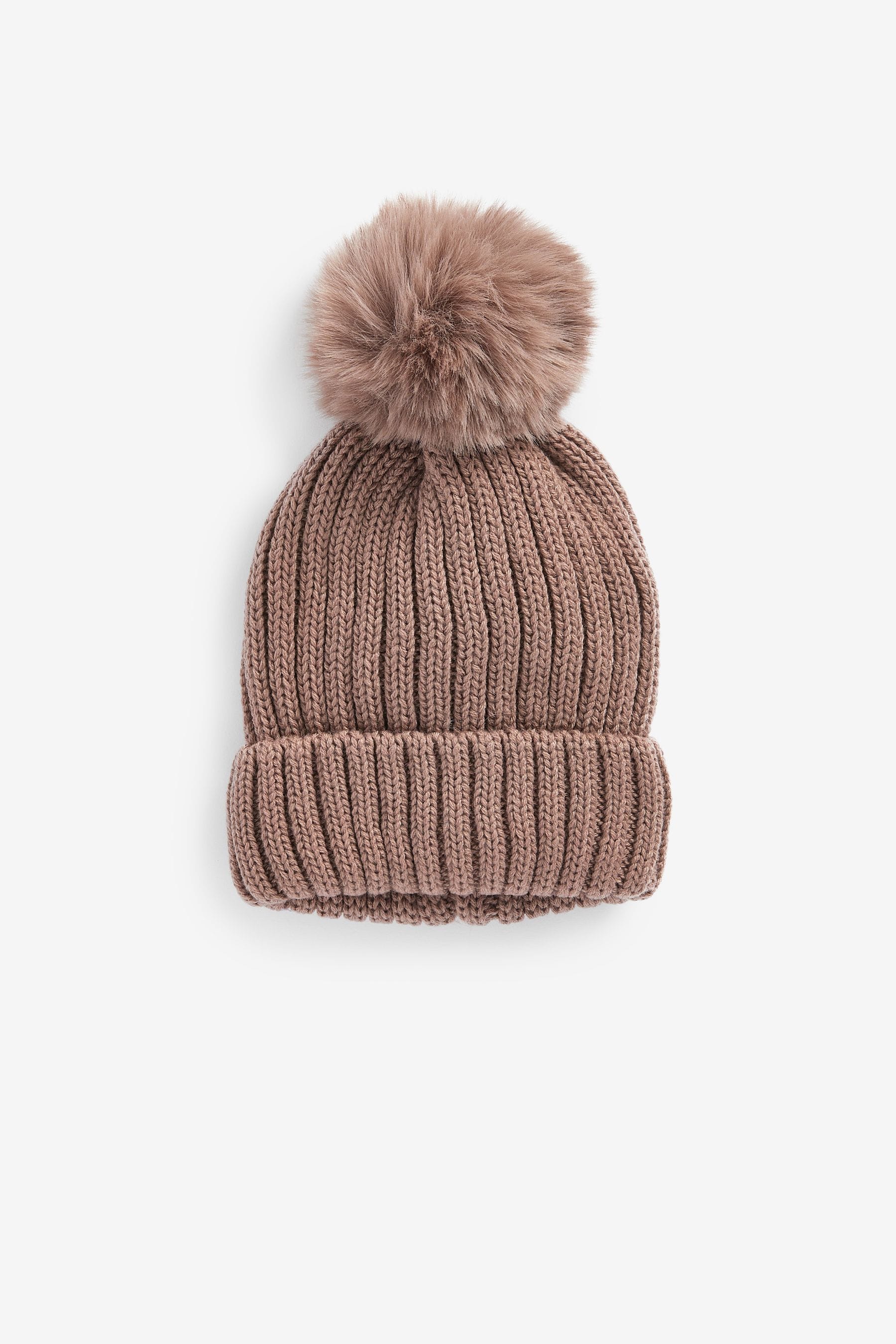 Mink Brown Chunky Rib Pom Pom Beanie Hat (3mths-16yrs)