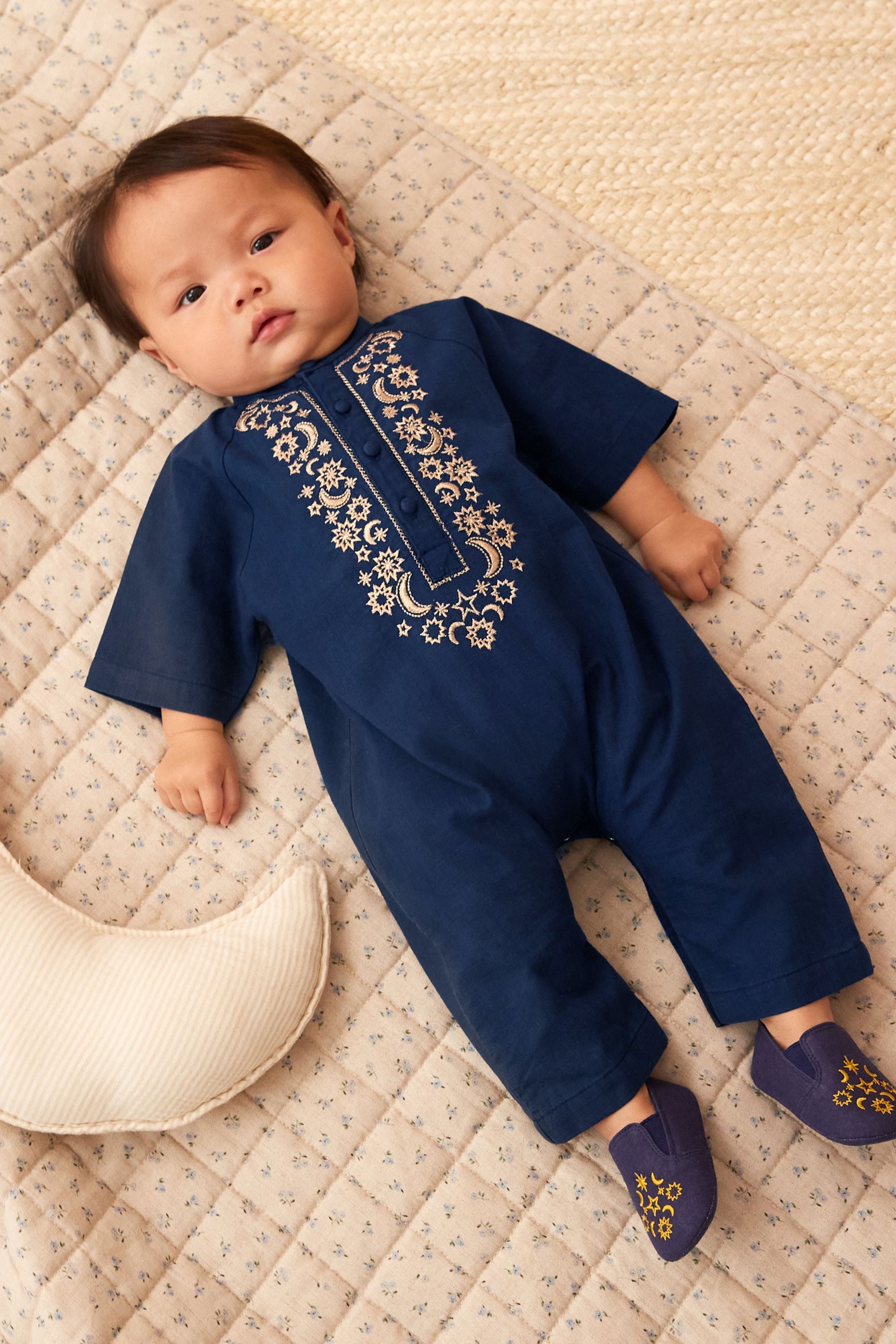 Navy Blue Occasion Linen Blend Baby Romper (0mths-2yrs)