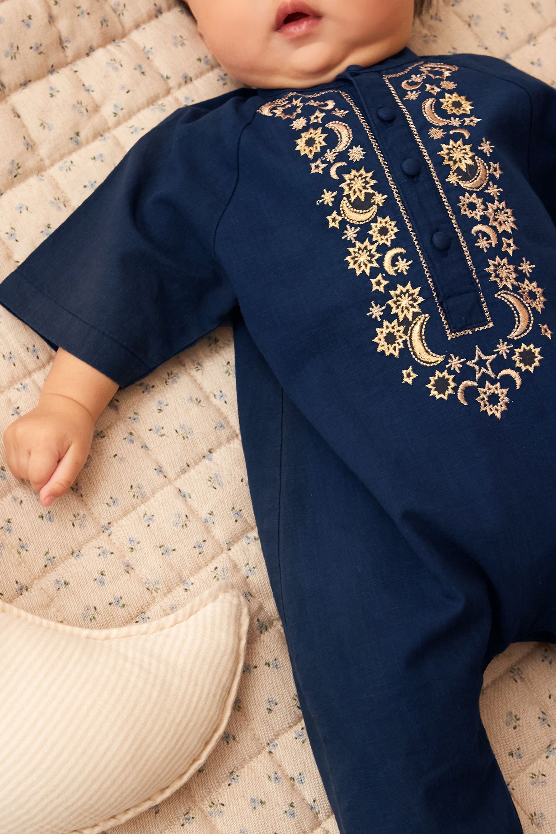 Navy Blue Occasion Linen Blend Baby Romper (0mths-2yrs)