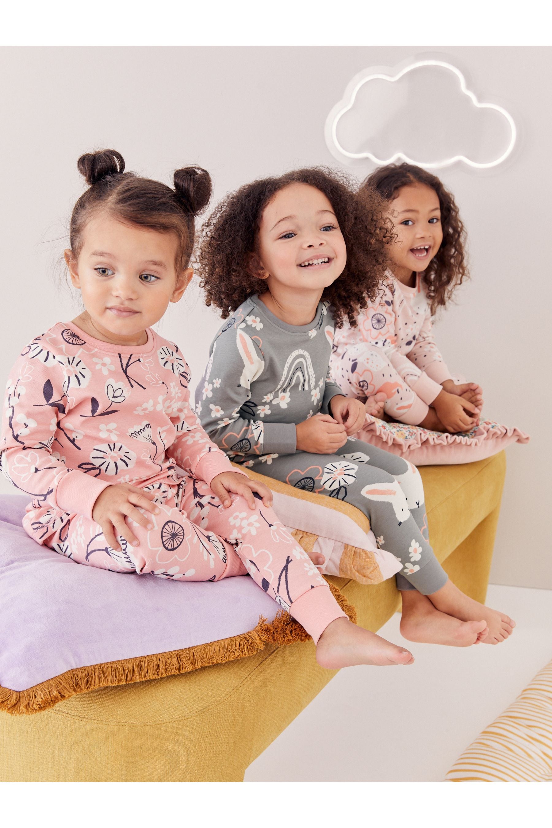 Pink/Grey Bunny 3 Pack Printed Long Sleeve Pyjamas (9mths-10yrs)