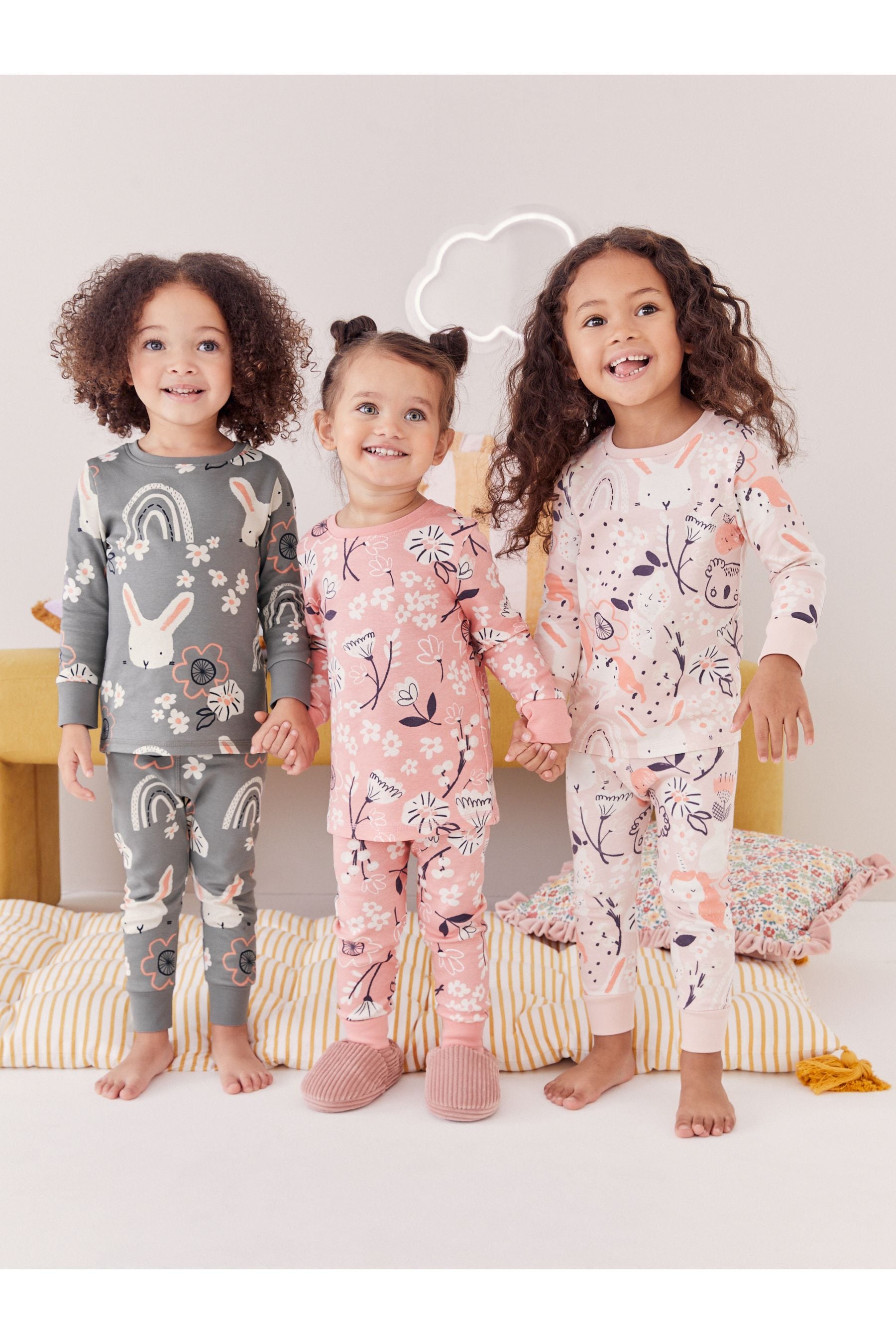 Pink/Grey Bunny 3 Pack Printed Long Sleeve Pyjamas (9mths-10yrs)