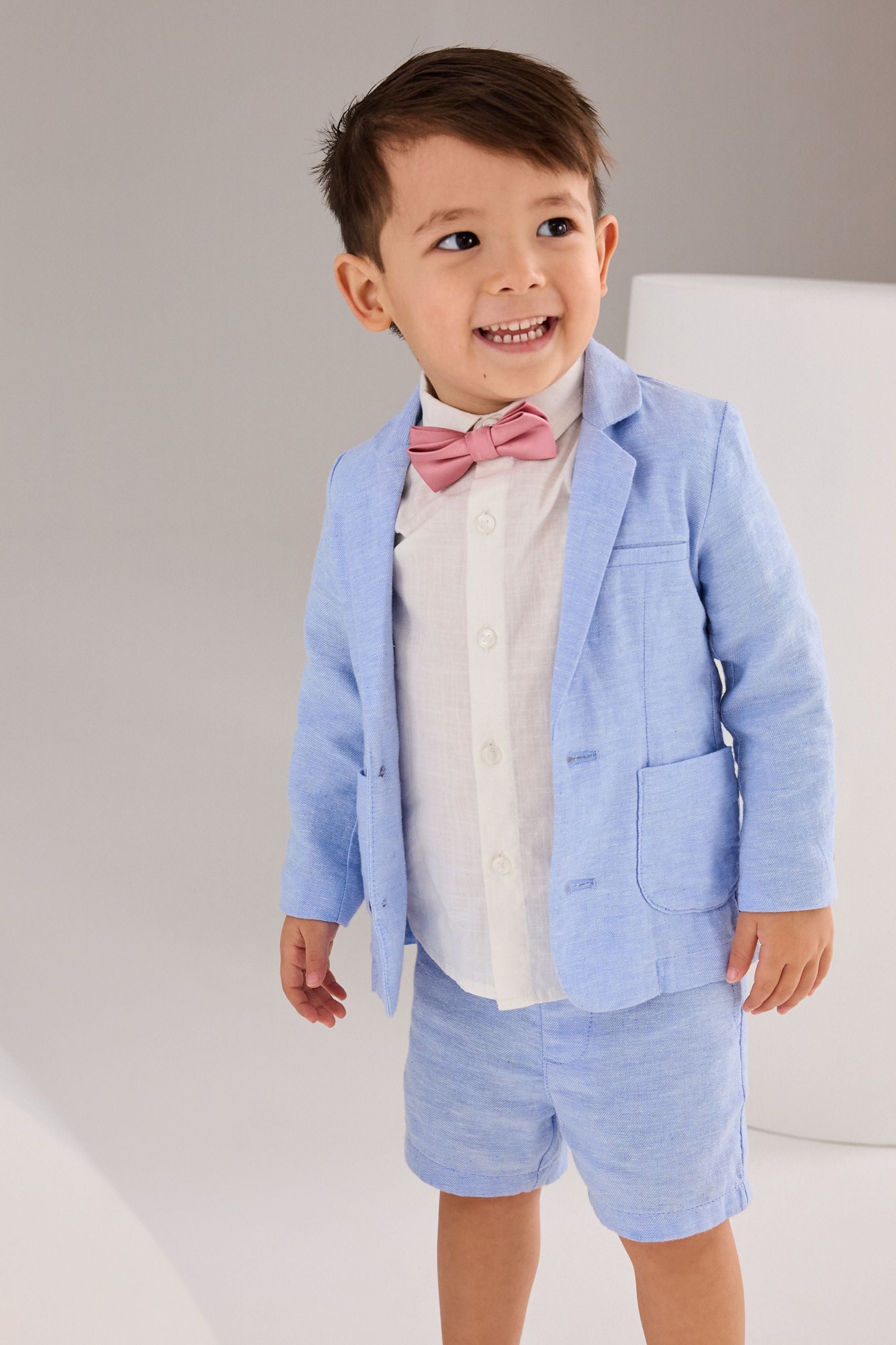 Blue Linen Blend Blazer, Shirt, Short & Bowtie Set (3mths-9yrs)