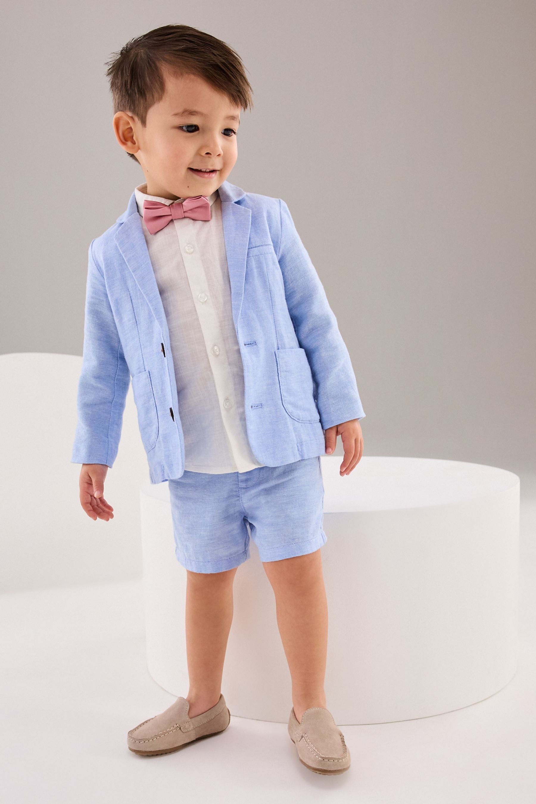 Blue Linen Blend Blazer, Shirt, Short & Bowtie Set (3mths-9yrs)