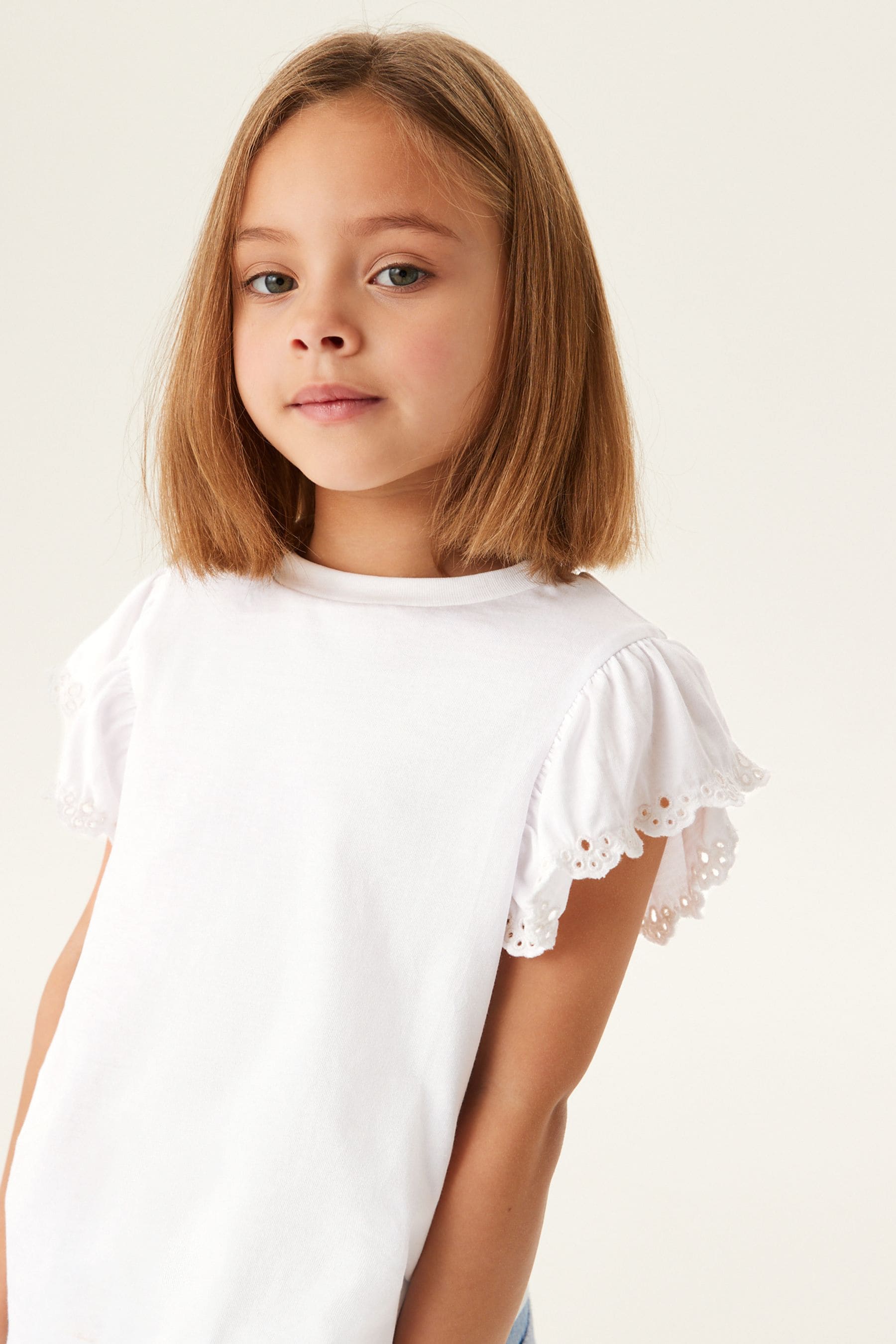 White Broderie Frill Sleeve T-Shirt (3-16yrs)