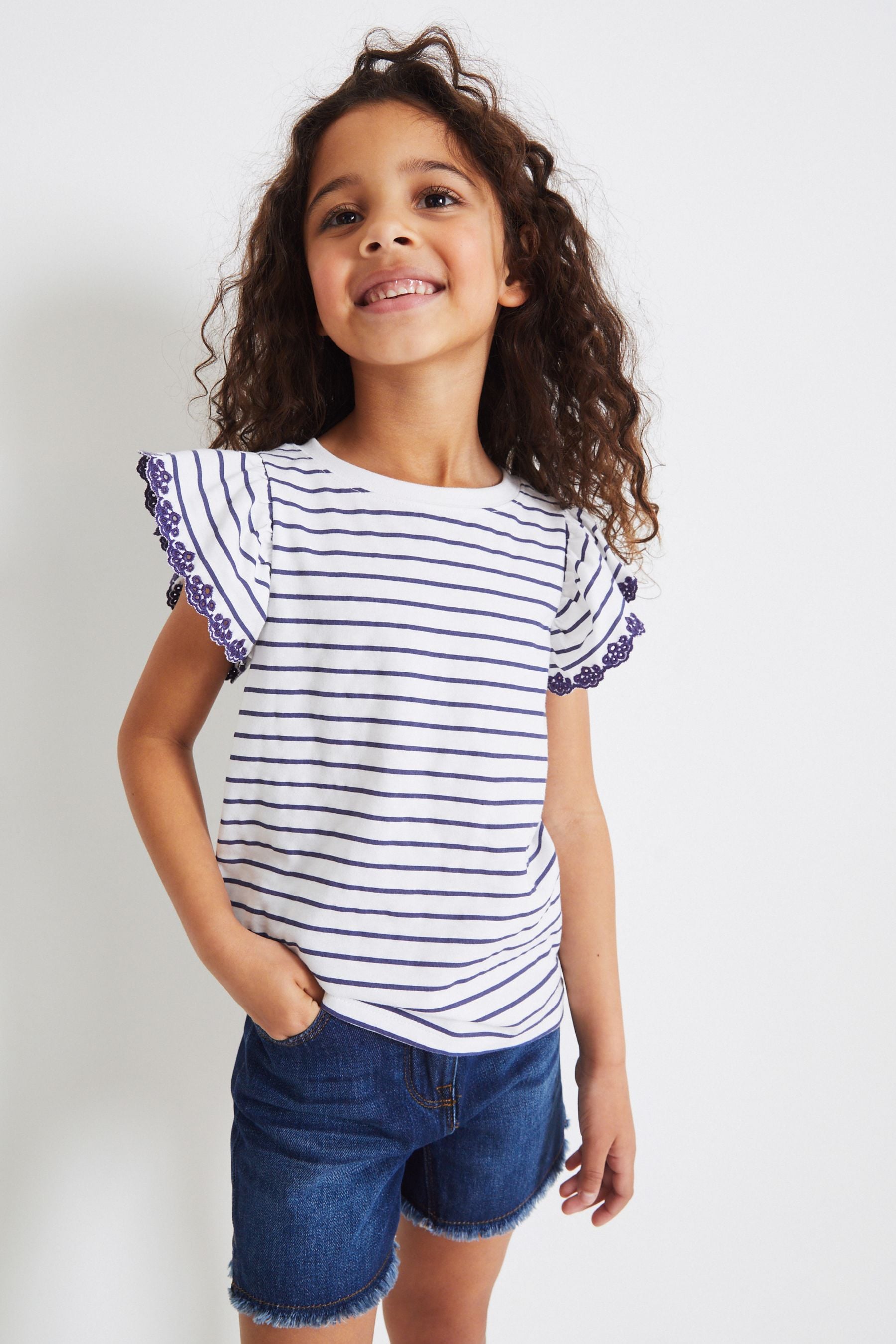 Navy Blue/White Broderie Frill Sleeve T-Shirt (3-16yrs)