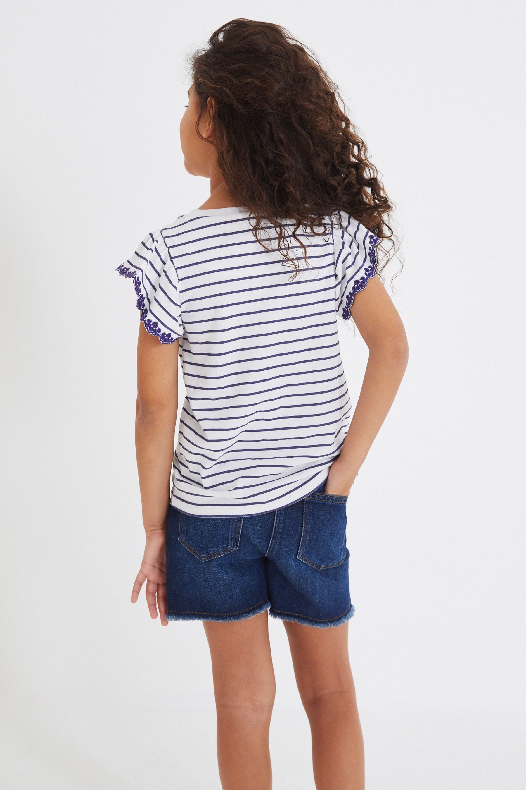 Navy Blue/White Broderie Frill Sleeve T-Shirt (3-16yrs)