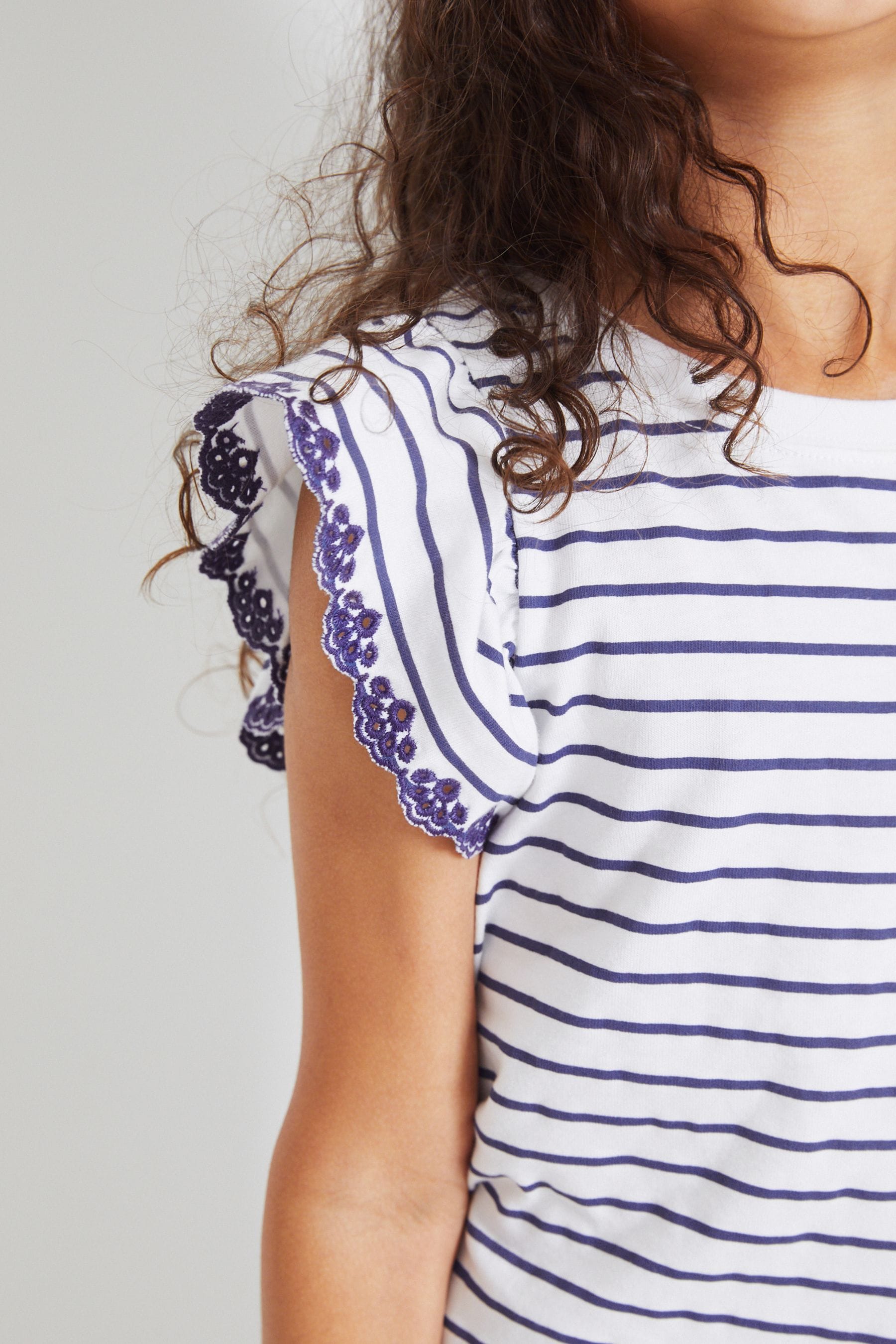 Navy Blue/White Broderie Frill Sleeve T-Shirt (3-16yrs)