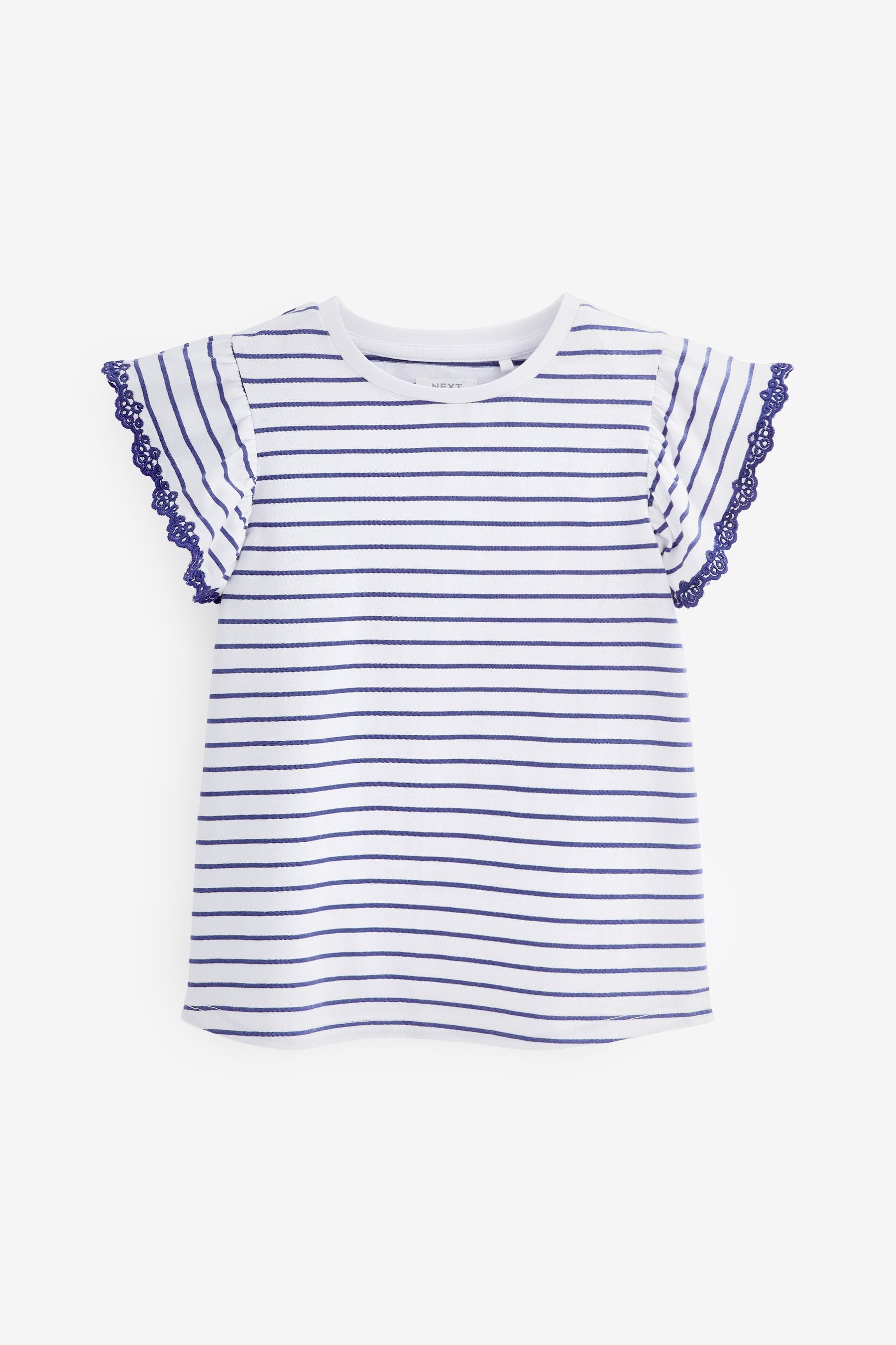 Navy Blue/White Broderie Frill Sleeve T-Shirt (3-16yrs)