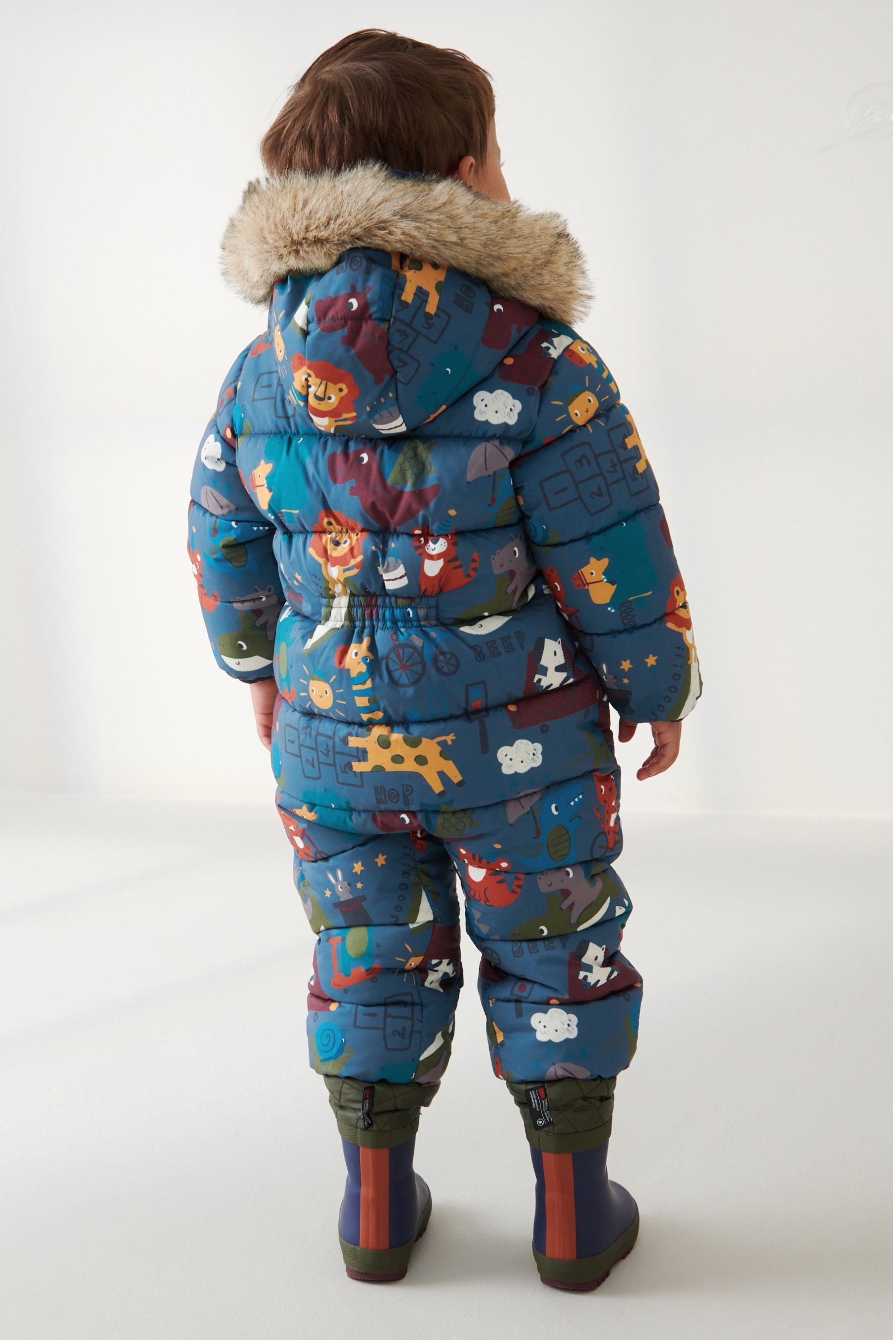 Blue Animal Print Snowsuit With Faux Fur Hood Trim (3mths-7yrs)