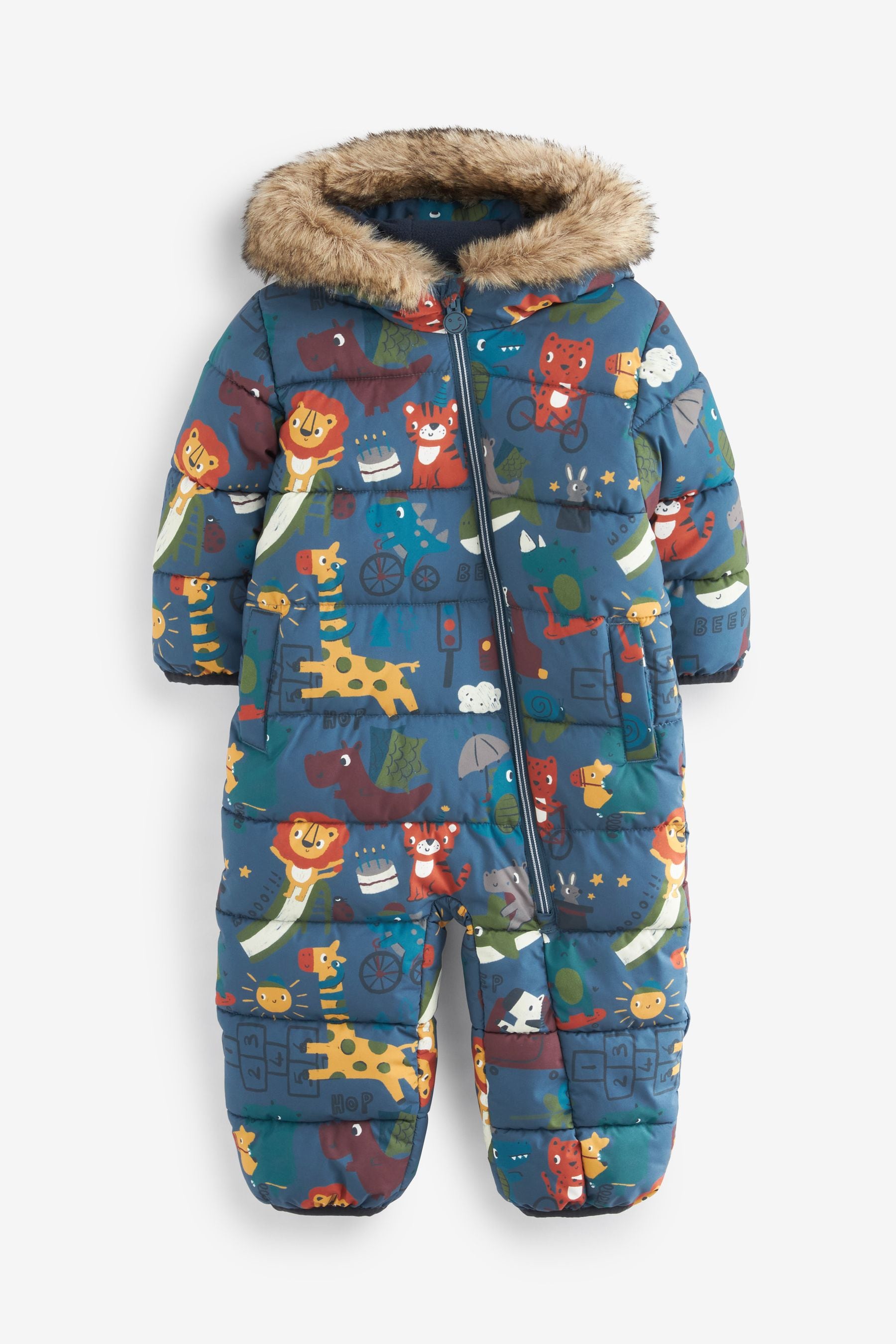 Blue Animal Print Snowsuit With Faux Fur Hood Trim (3mths-7yrs)