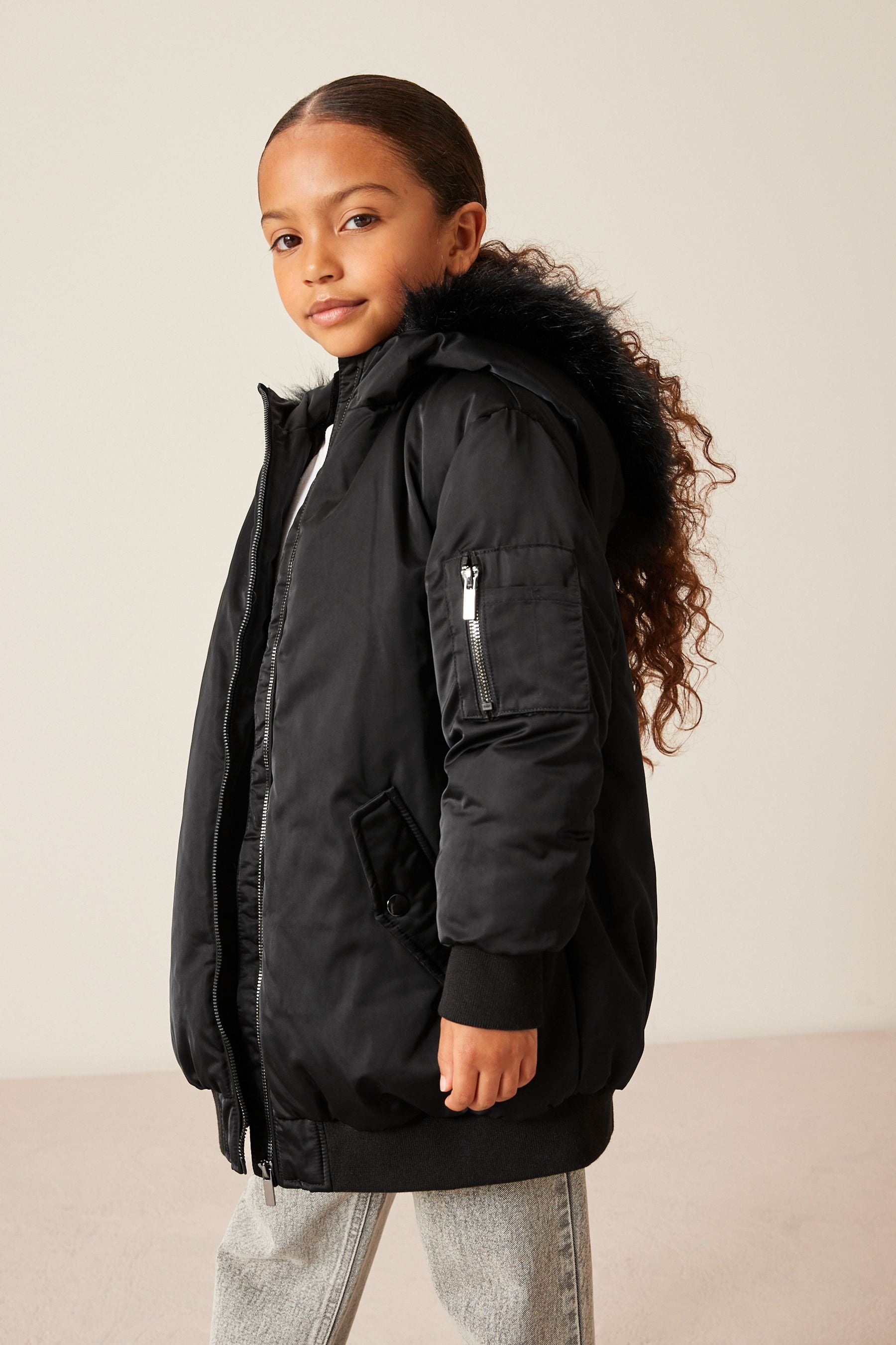 Black Shower Resistant Longline Padded Bomber Jacket (6-16yrs)