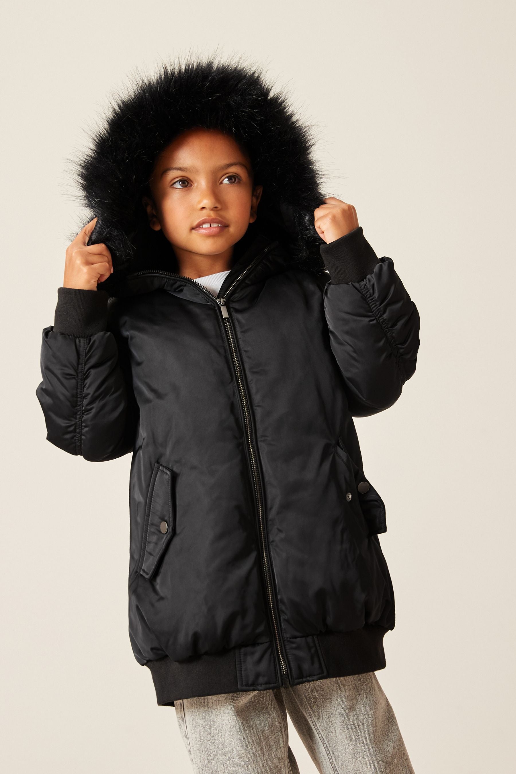 Black Shower Resistant Longline Padded Bomber Jacket (6-16yrs)