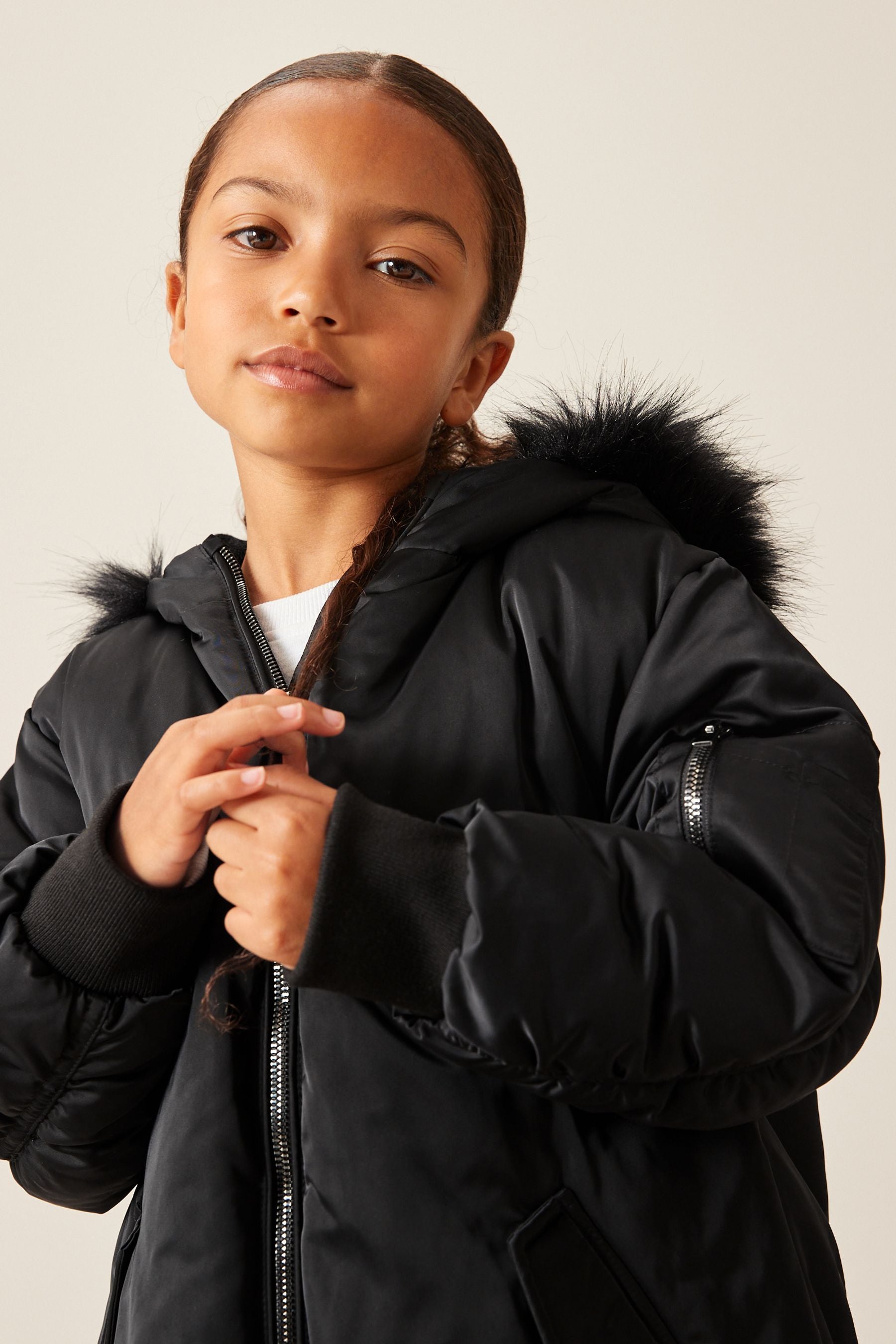 Black Shower Resistant Longline Padded Bomber Jacket (6-16yrs)