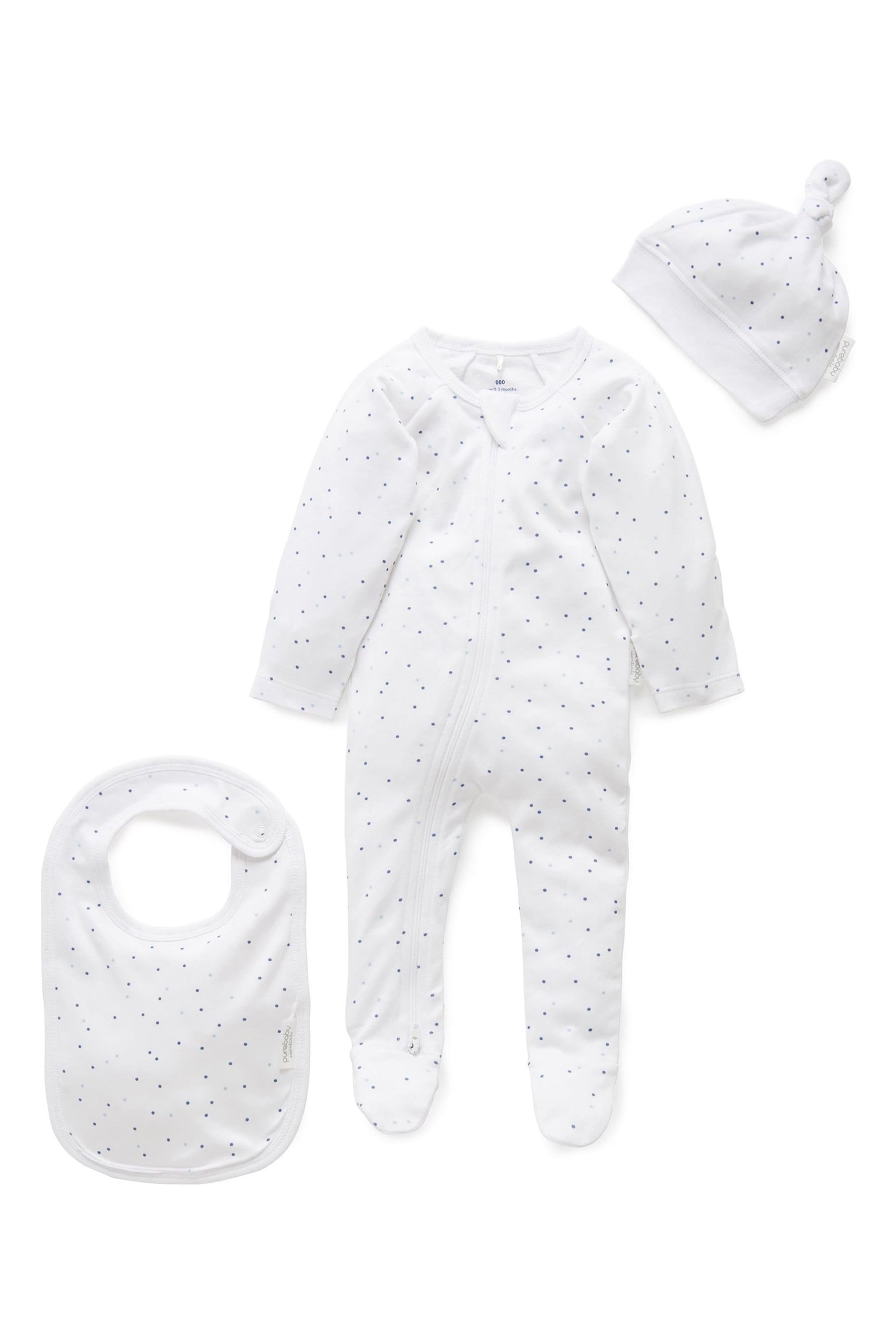 Blue Purebaby 3 Piece Baby Hat, Bib & Sleepsuit Set