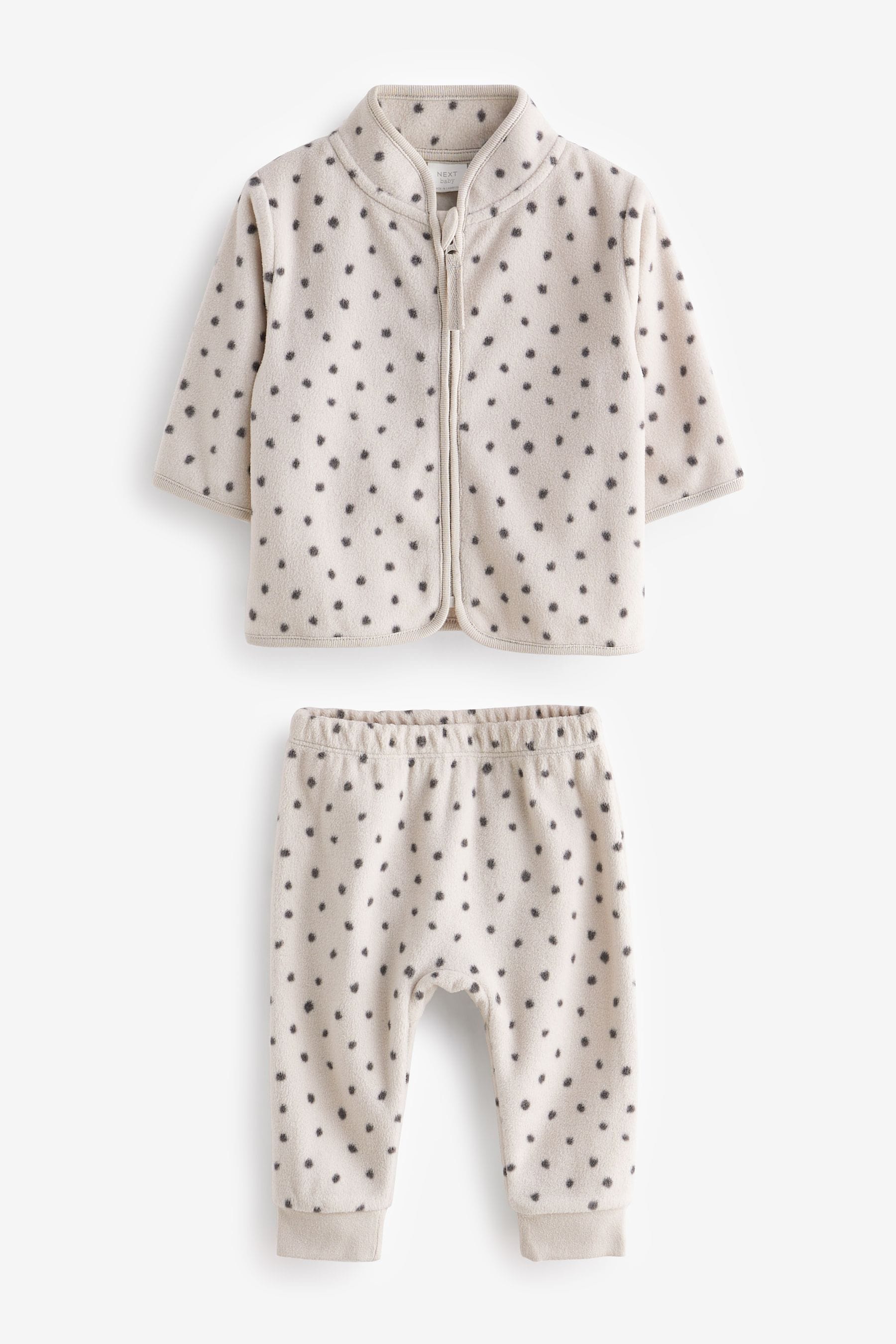 Neutral/Black Fleece Spot Zip Through Top And Trousers Set