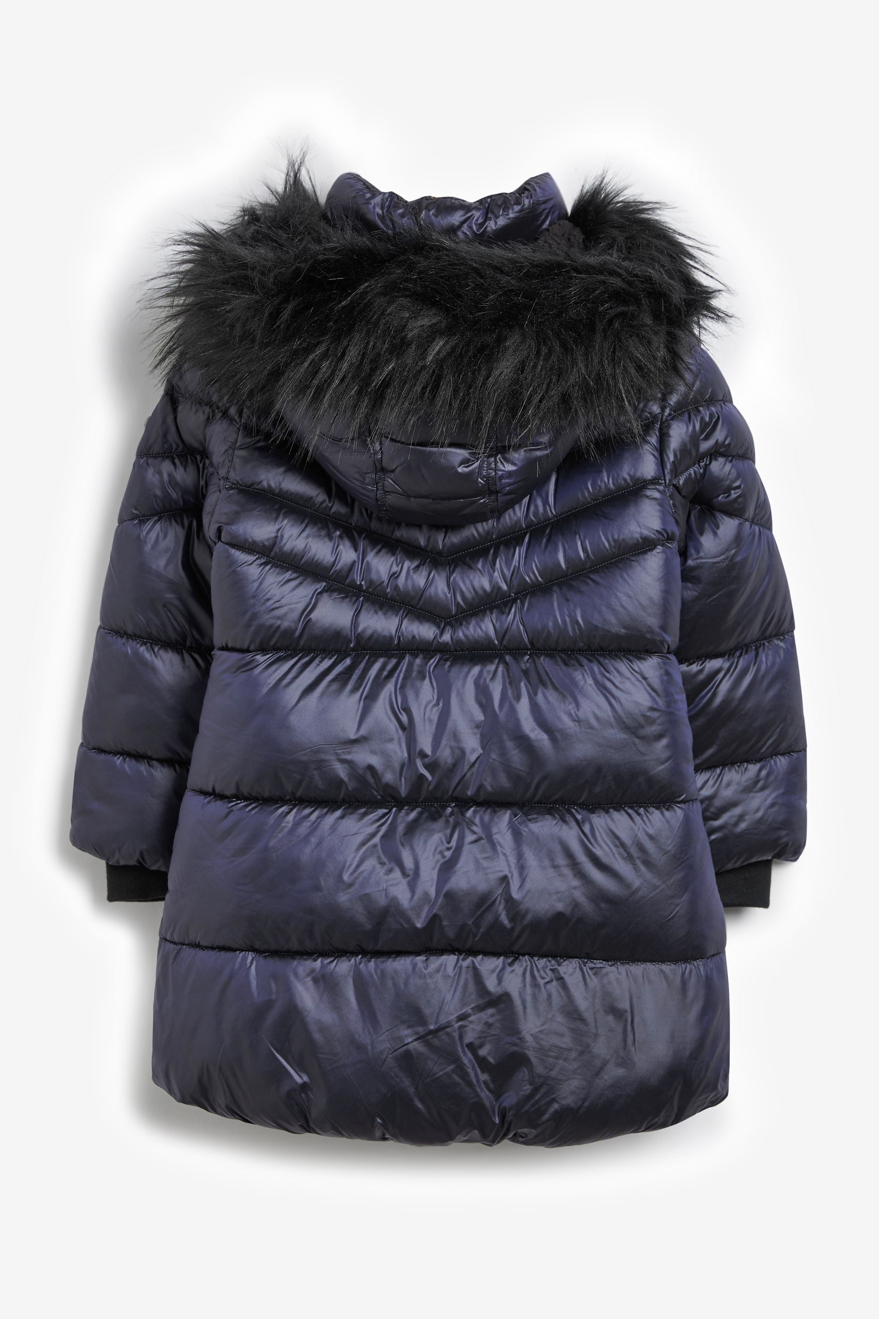 Navy Blue Shower Resistant Faux Fur Trim Long Padded Coat (3-16yrs)