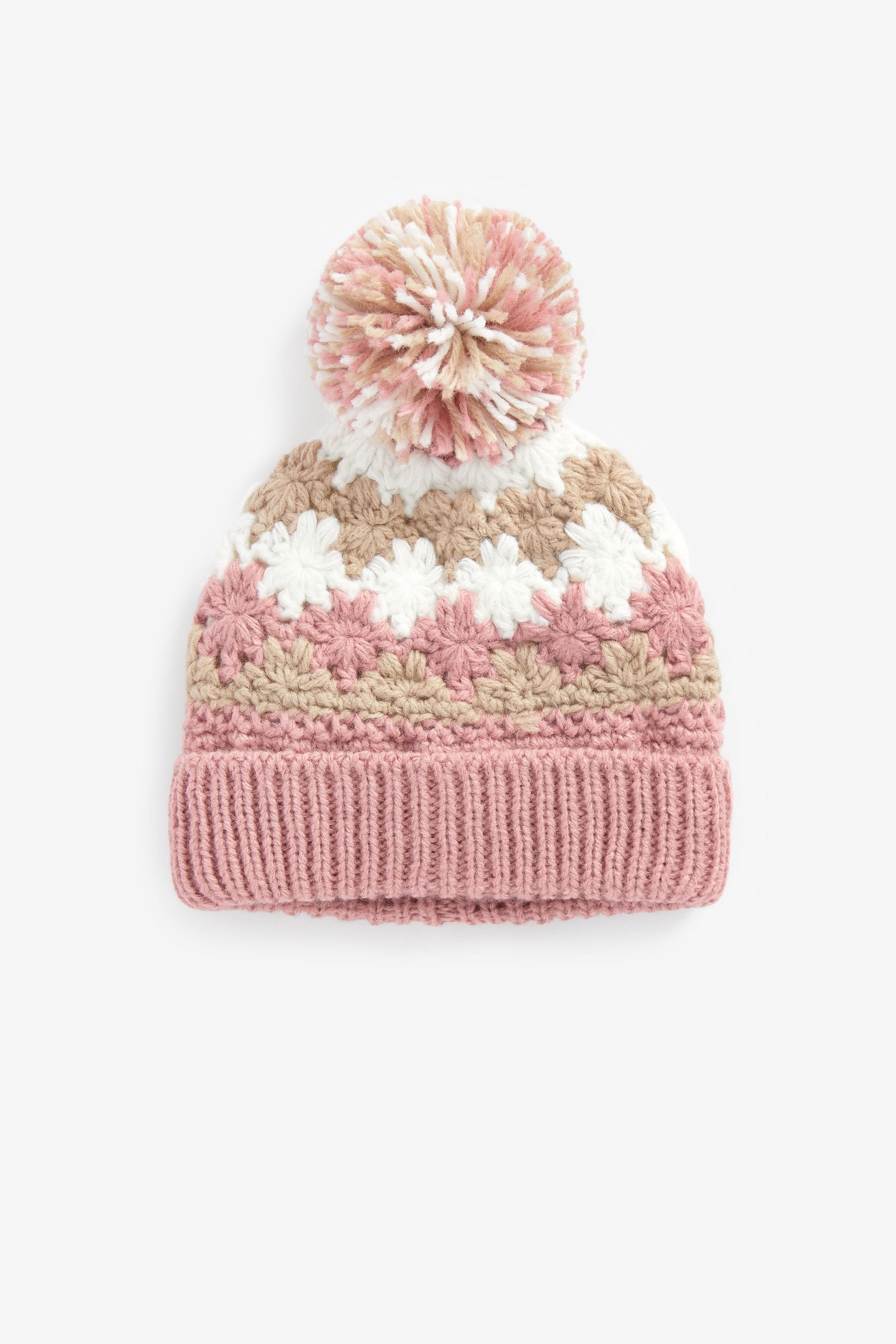 Neutral/Blush Pink Crochet Pom Beanie Hat (3mths-10yrs)