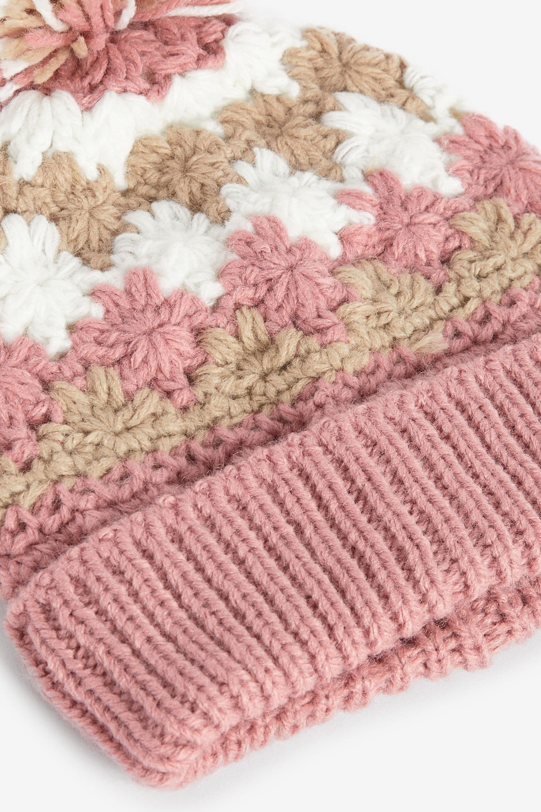 Neutral/Blush Pink Crochet Pom Beanie Hat (3mths-10yrs)