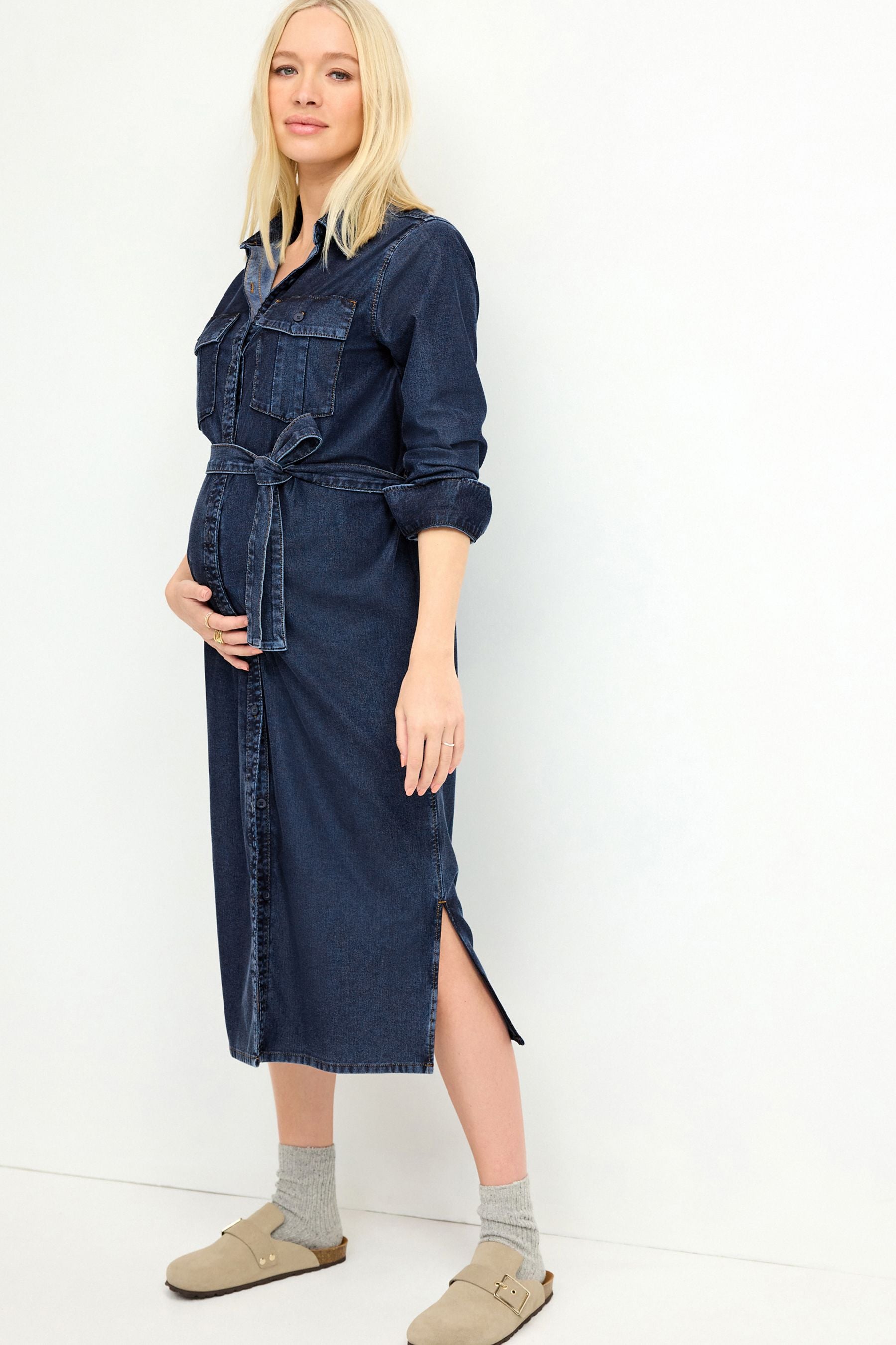 Blue Maternity Longline Belted Denim Dress