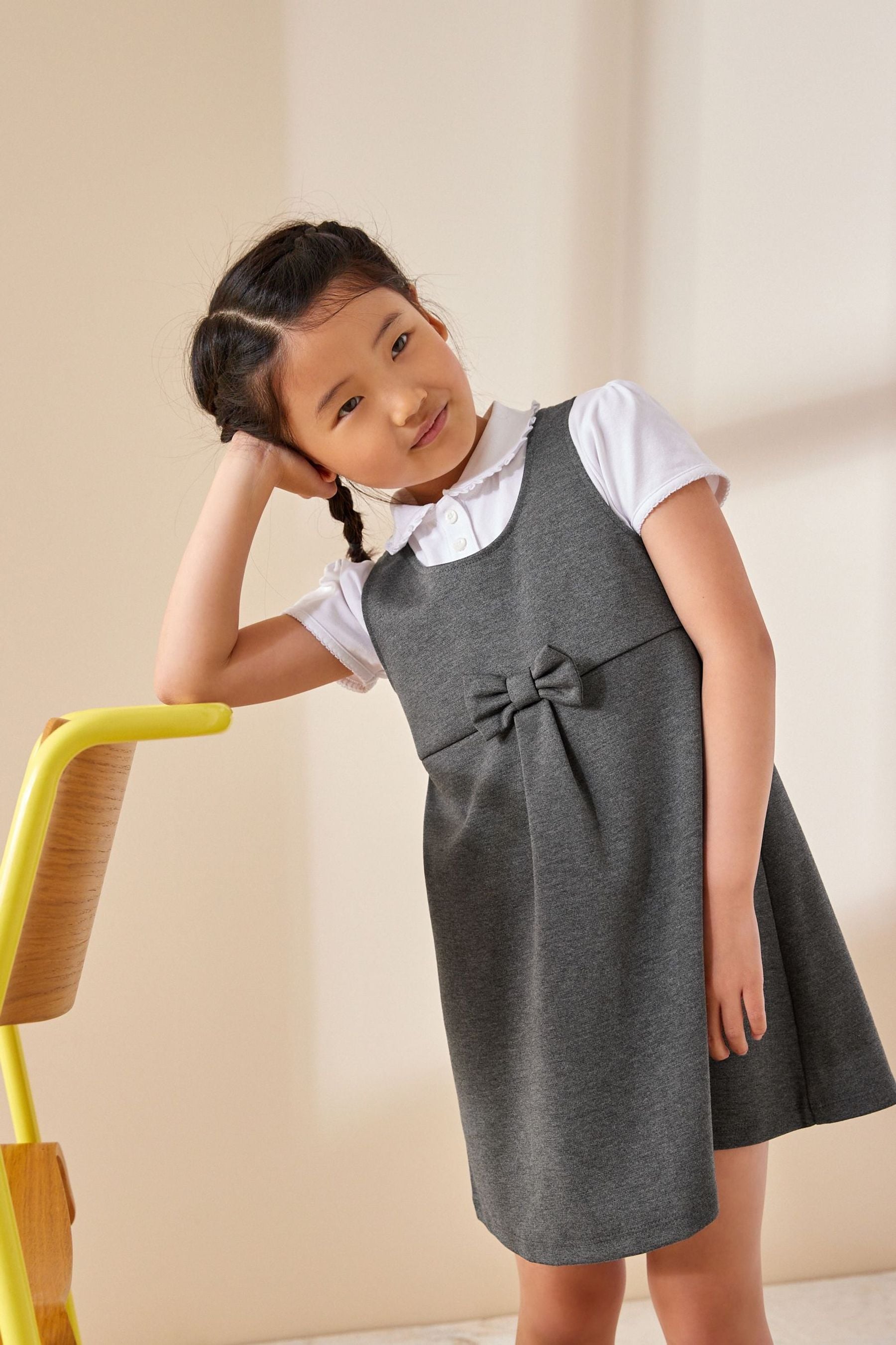 Grey Jersey Stretch Bow School Pinafore (3-14yrs)