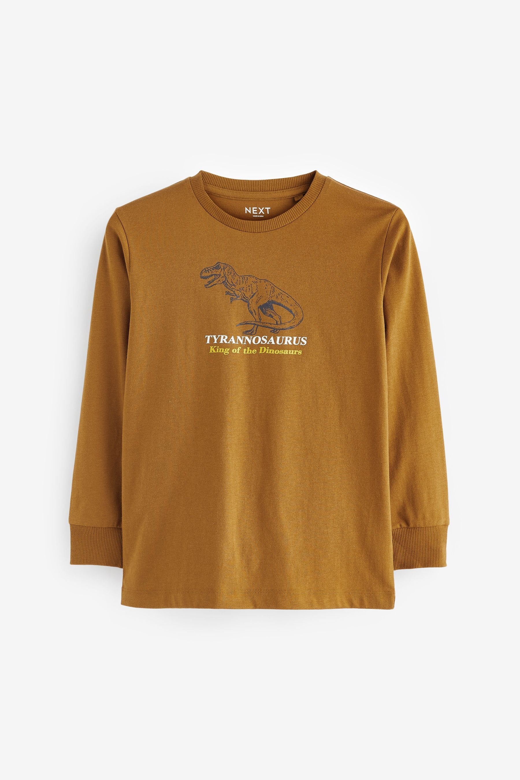 Tan Brown Dino Long Sleeve Graphic T-Shirt (3-14yrs)