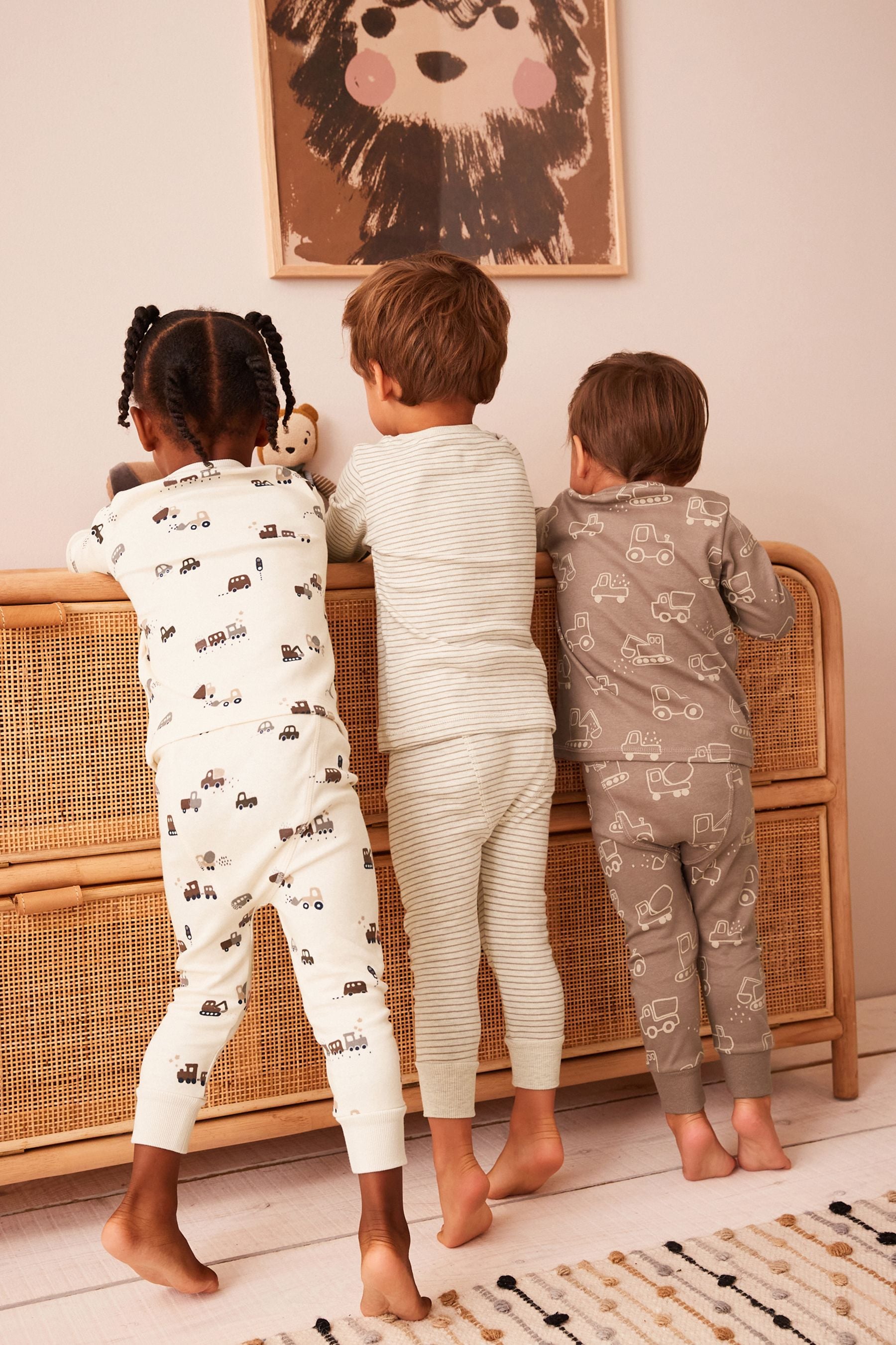 Neutral Digger Long Sleeve 3 Pack Pyjamas Set (9mths-6yrs)