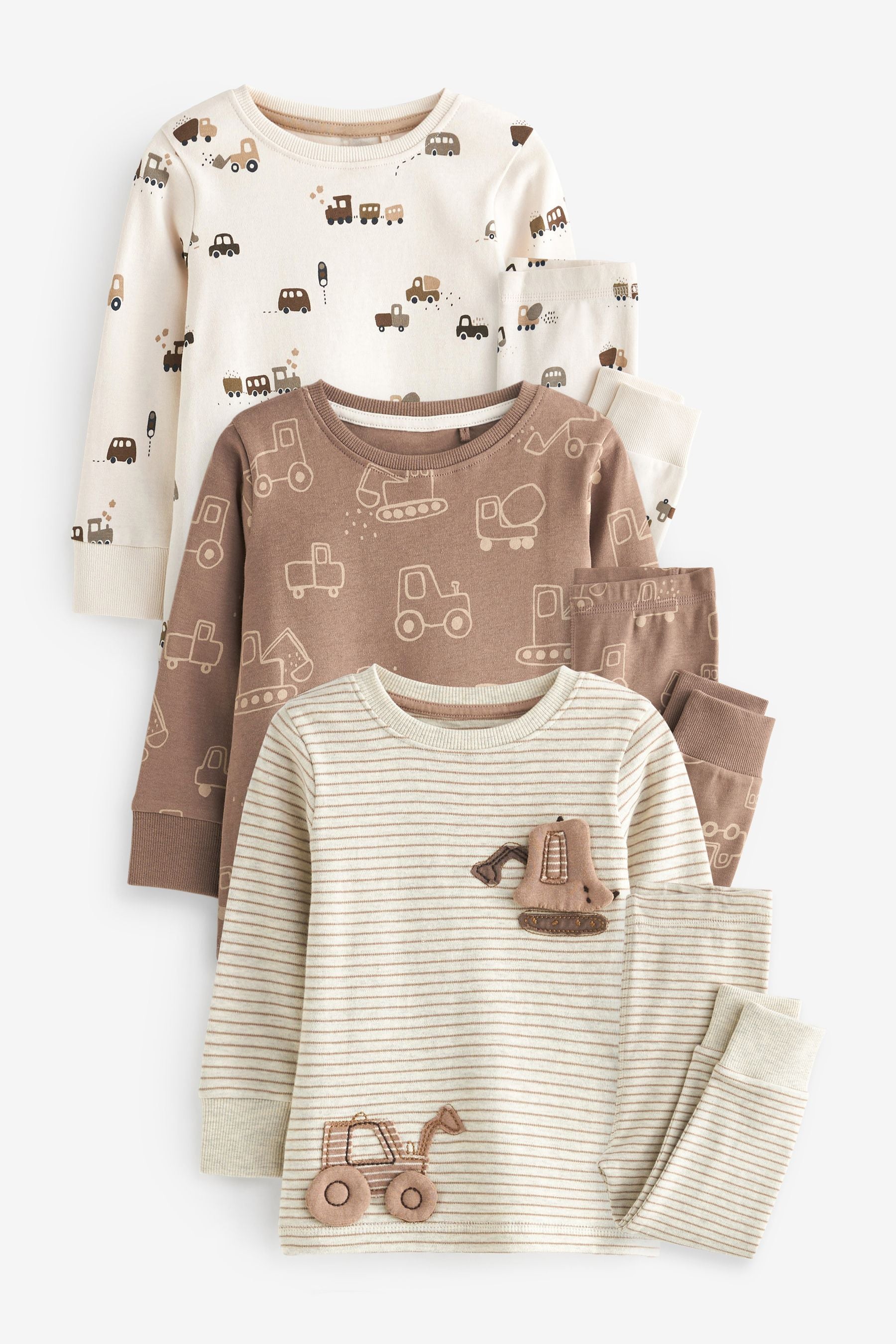 Neutral Digger Long Sleeve 3 Pack Pyjamas Set (9mths-6yrs)