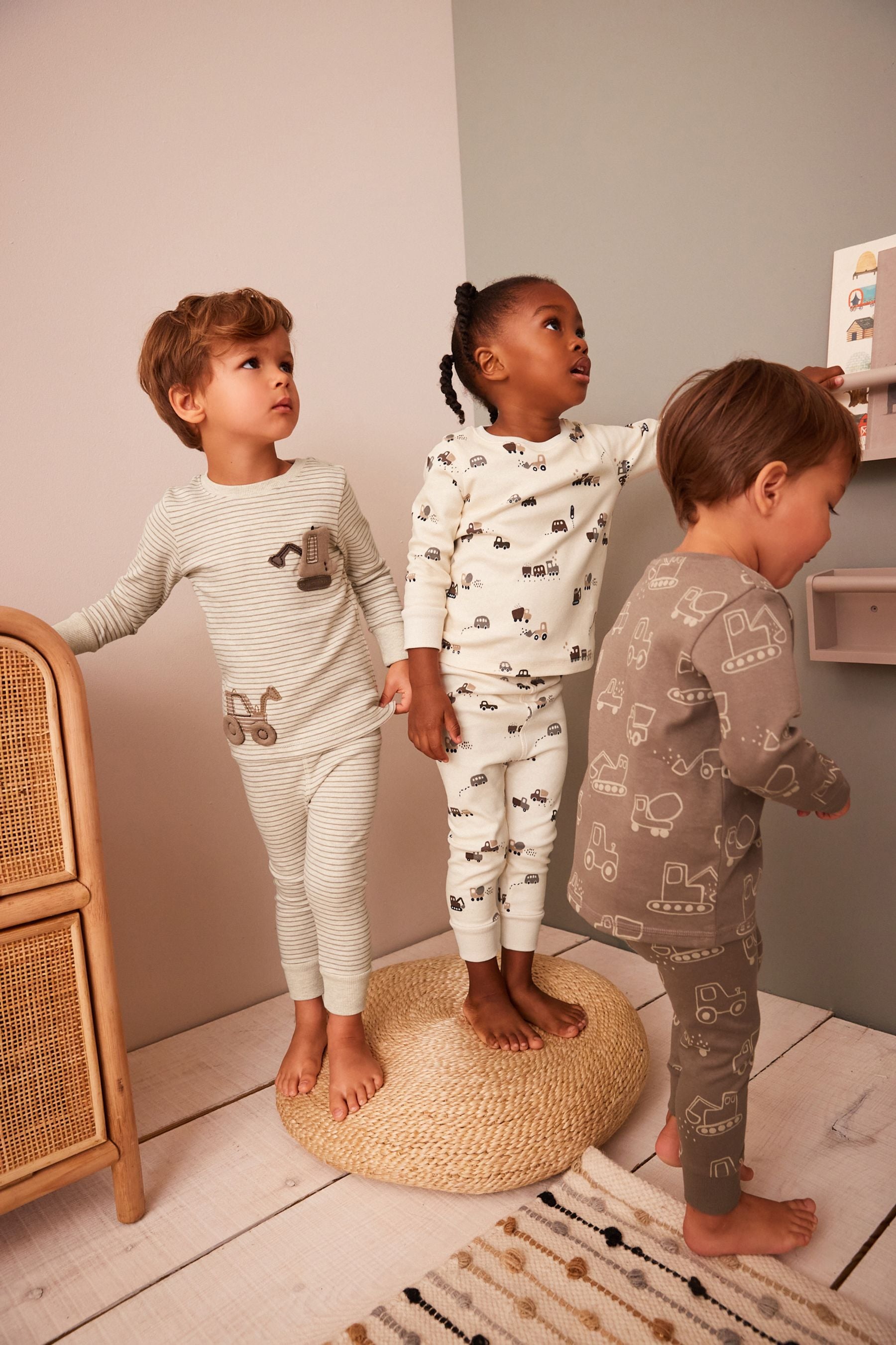 Neutral Digger Long Sleeve 3 Pack Pyjamas Set (9mths-6yrs)