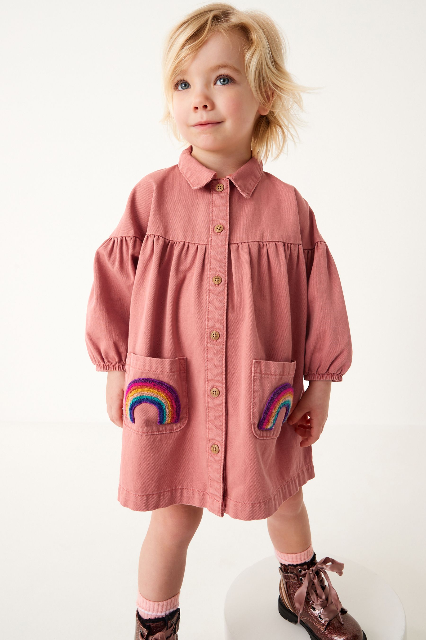 Pink Rainbow Pocket Cotton Shirt Dress (3mths-8yrs)