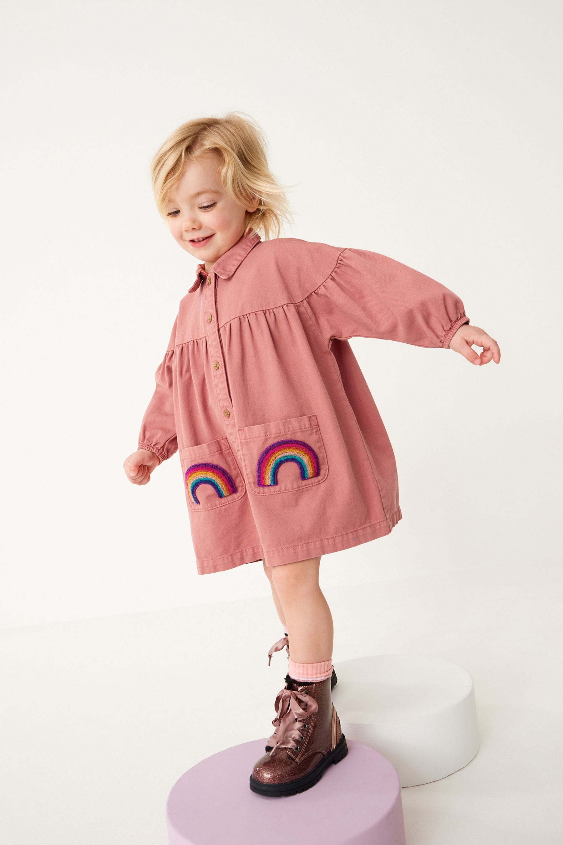 Pink Rainbow Pocket Cotton Shirt Dress (3mths-8yrs)