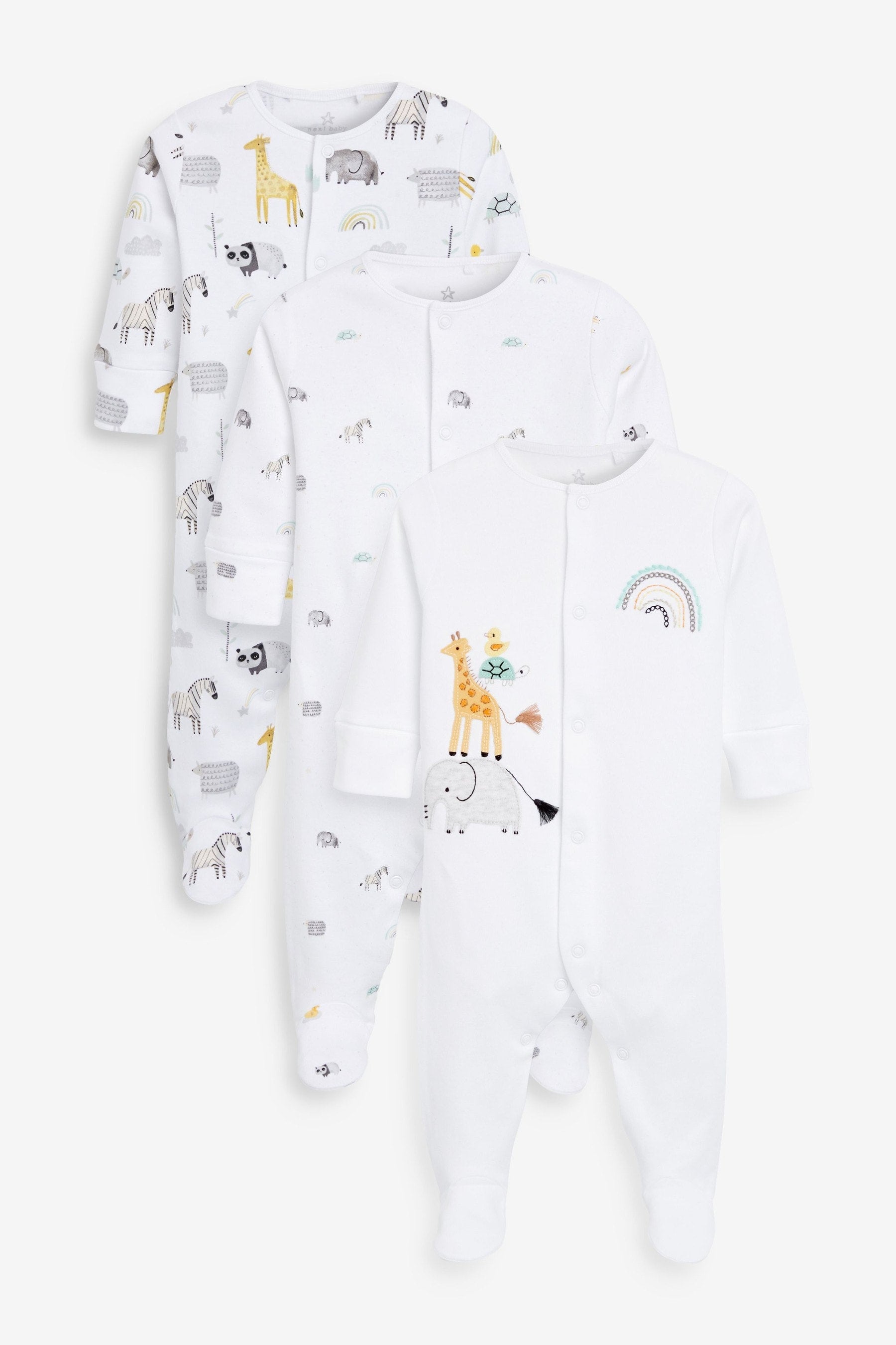 White Safari Delicate Appliquééé Baby Sleepsuits 3 Pack (0-2yrs)