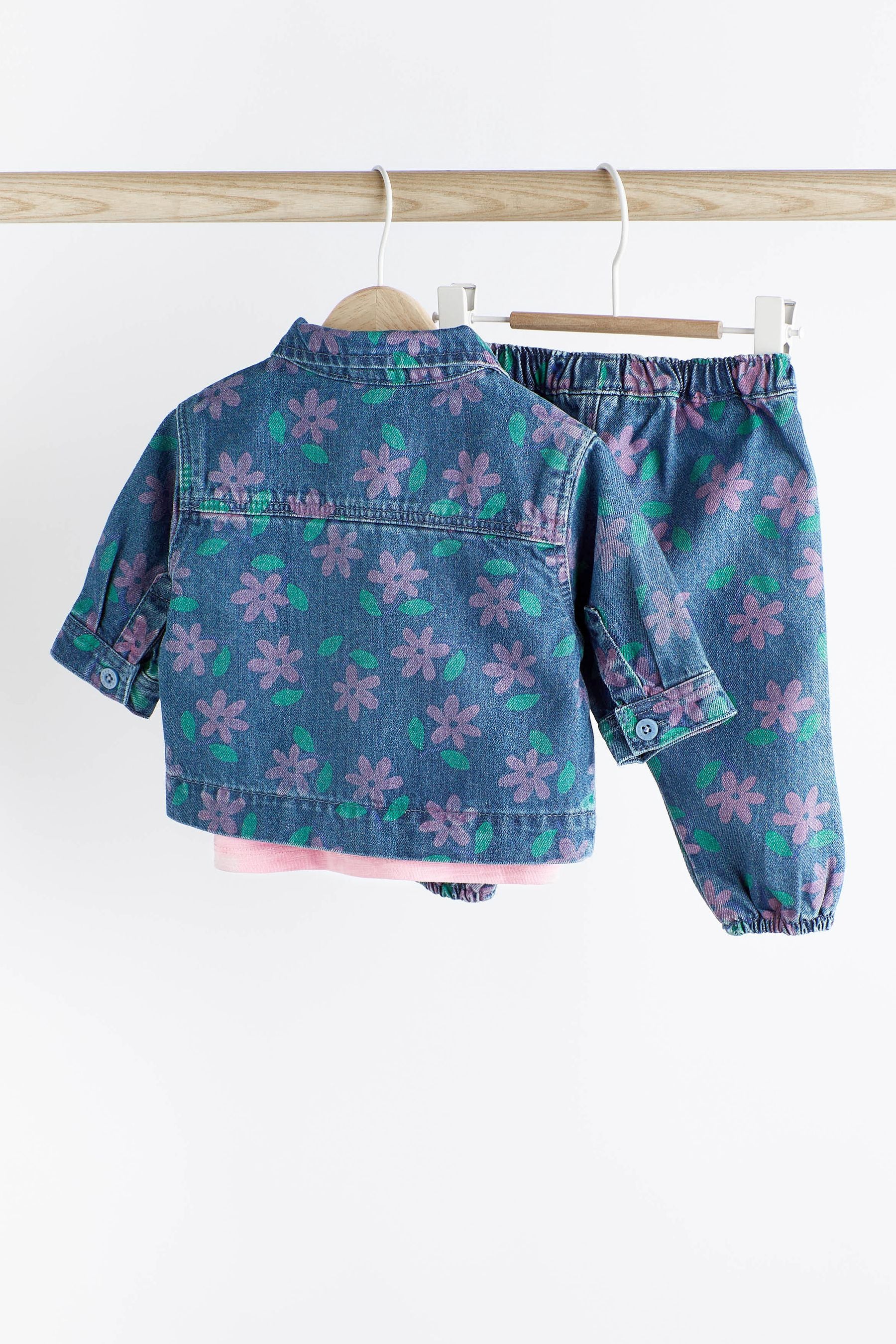 Printed Denim Floral Baby Jacket, Jeans And T-Shirt 3 Piece Set