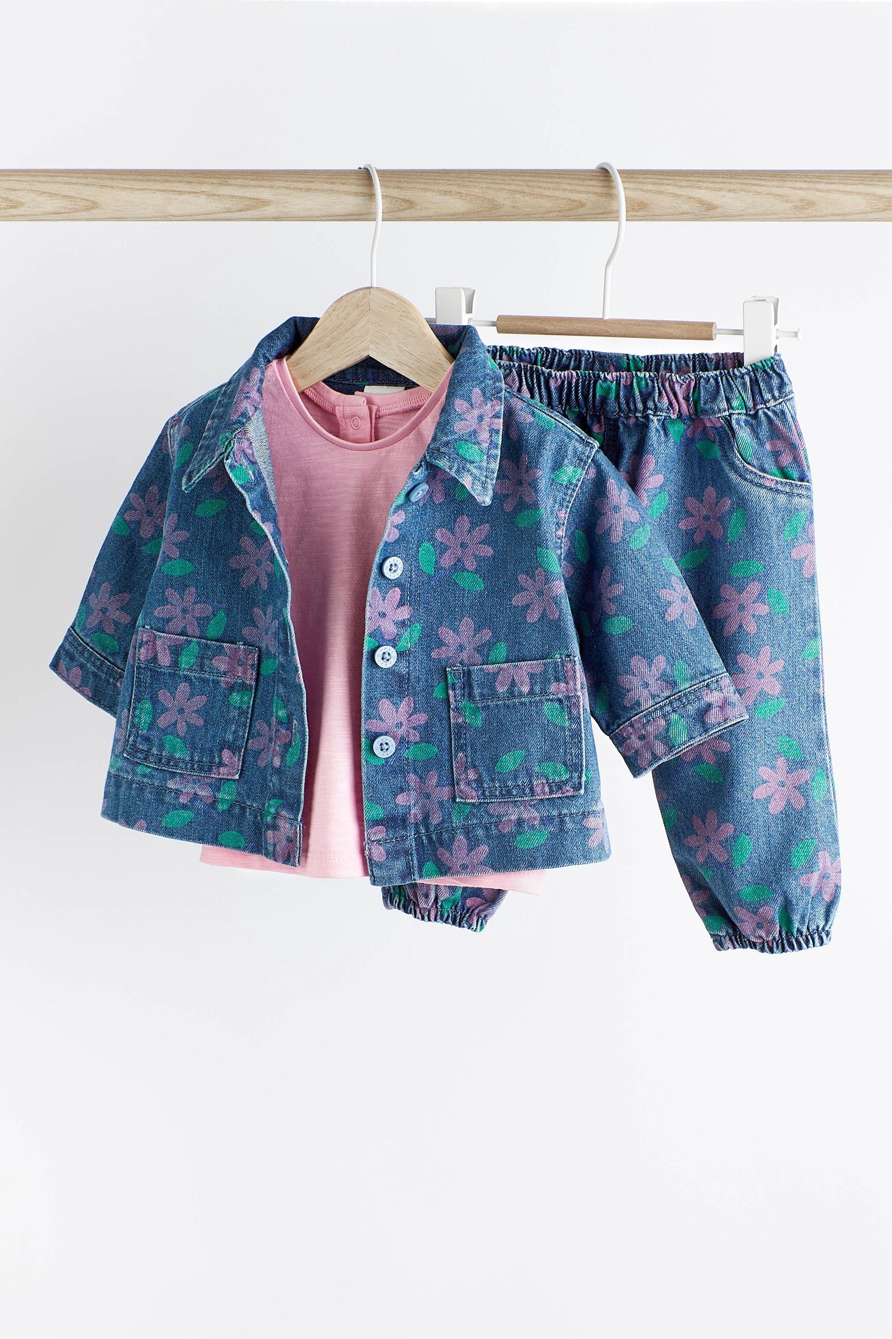 Printed Denim Floral Baby Jacket, Jeans And T-Shirt 3 Piece Set