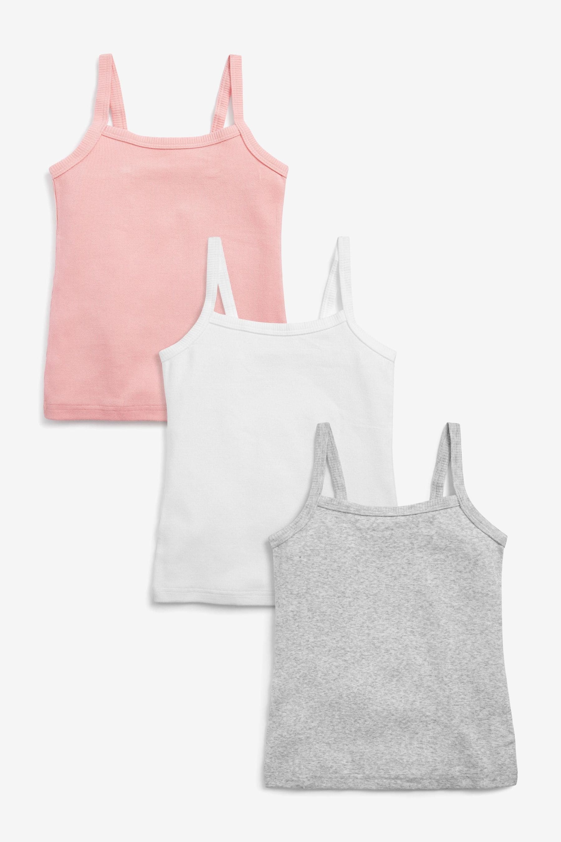 Grey/Pink/White 3 Pack Rib Strappy Cami Vests (1.5-16yrs)