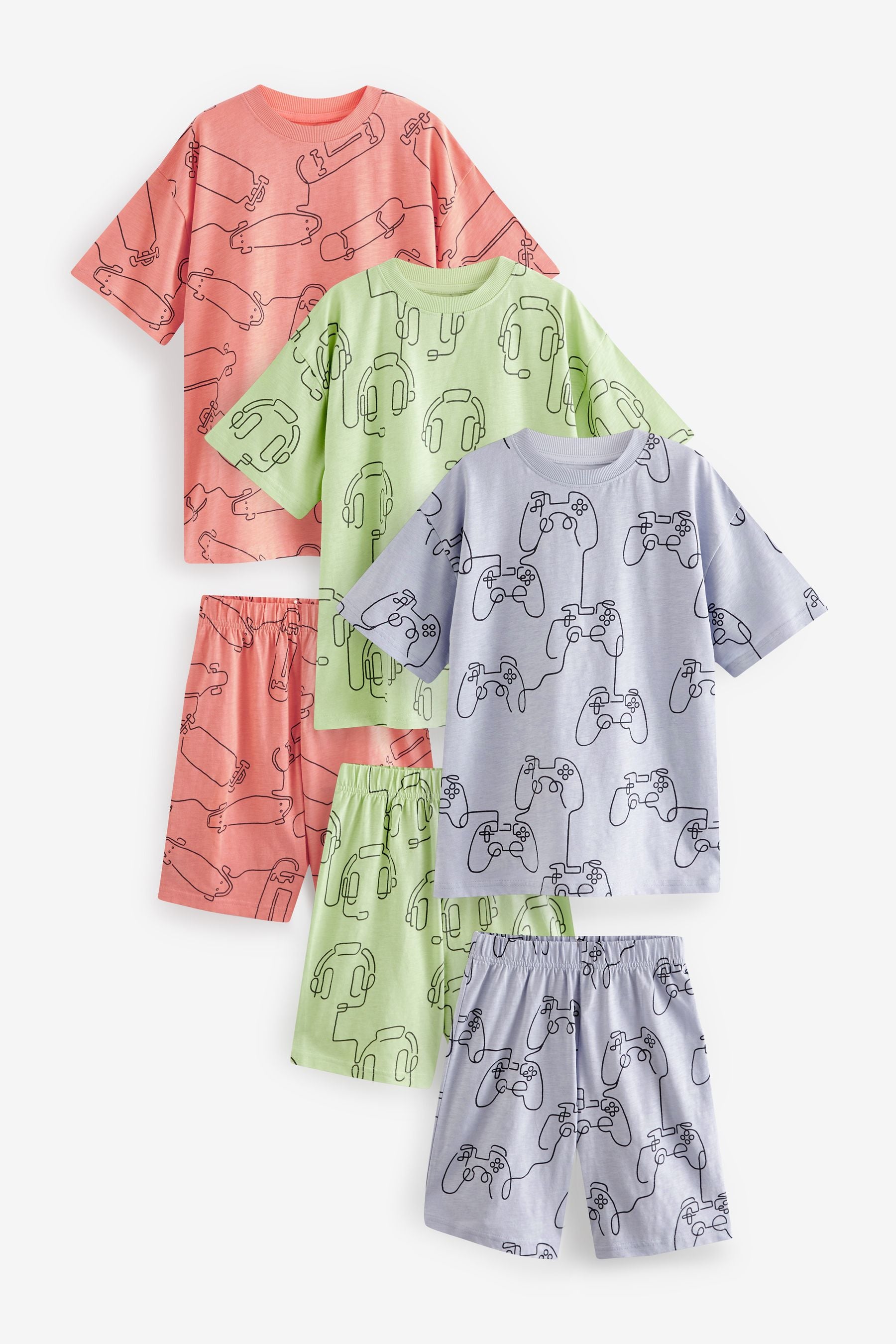 Multi Pastel Linear Character Short Pyjamas 3 Pack (3-16yrs)