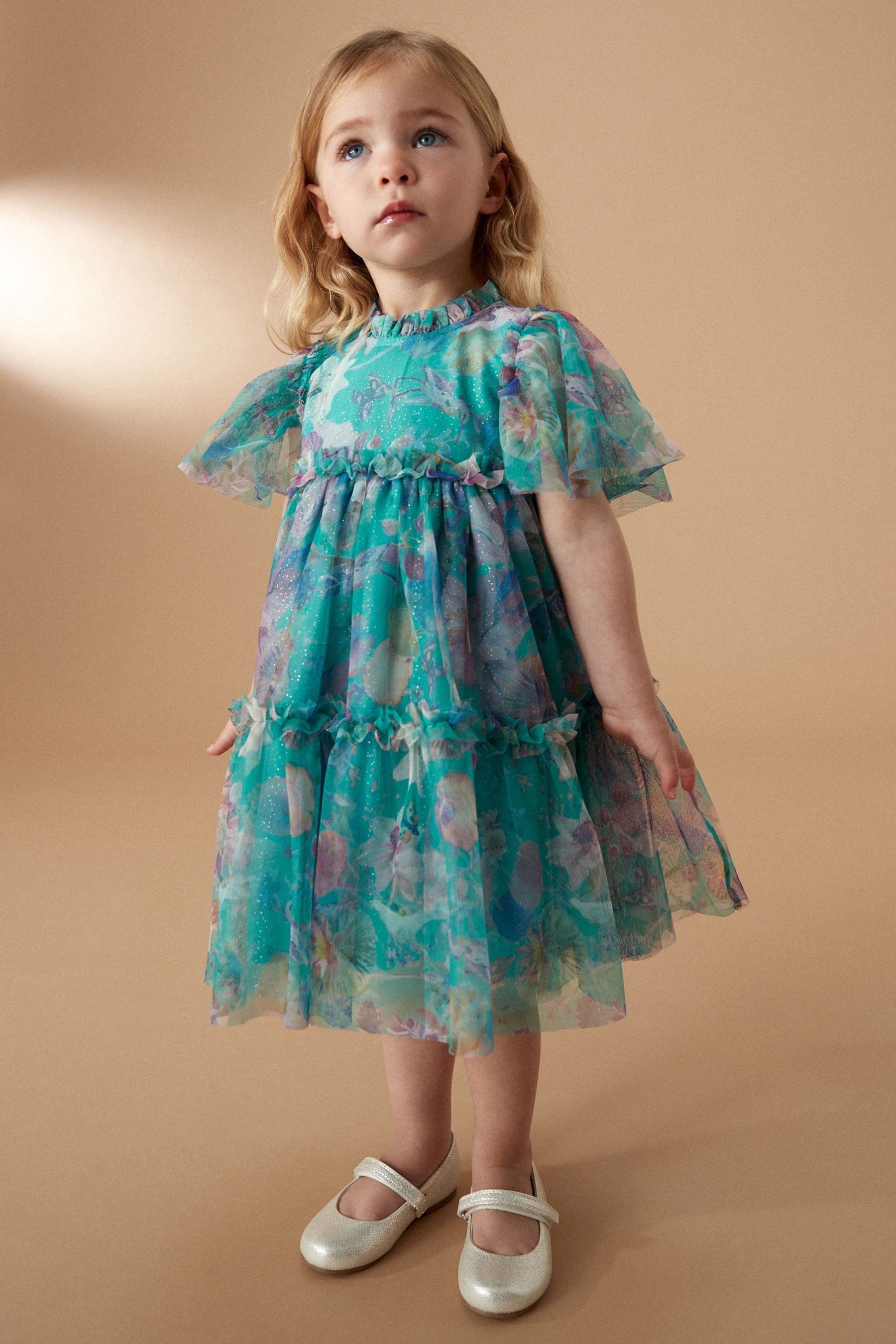 Green Floral Tiered Mesh Dress (3mths-7yrs)