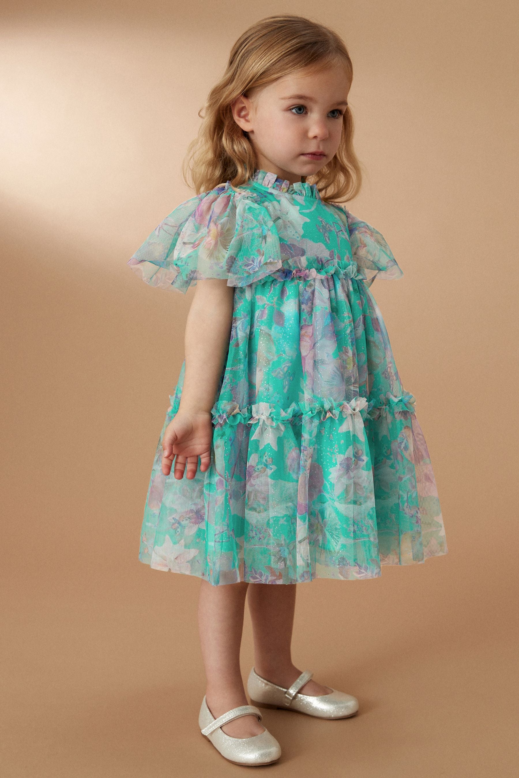 Green Floral Tiered Mesh Dress (3mths-7yrs)