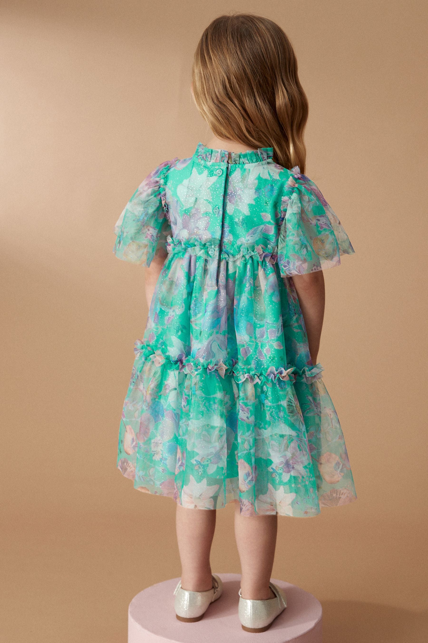 Green Floral Tiered Mesh Dress (3mths-7yrs)