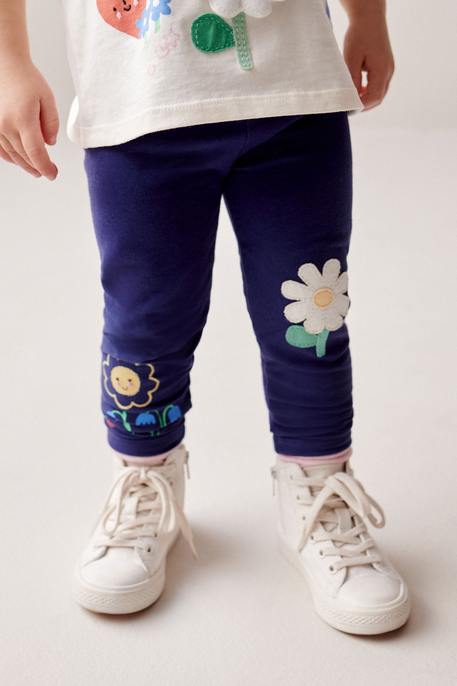 Navy Blue Flower Bee Embellished Leggings (3mths-7yrs)