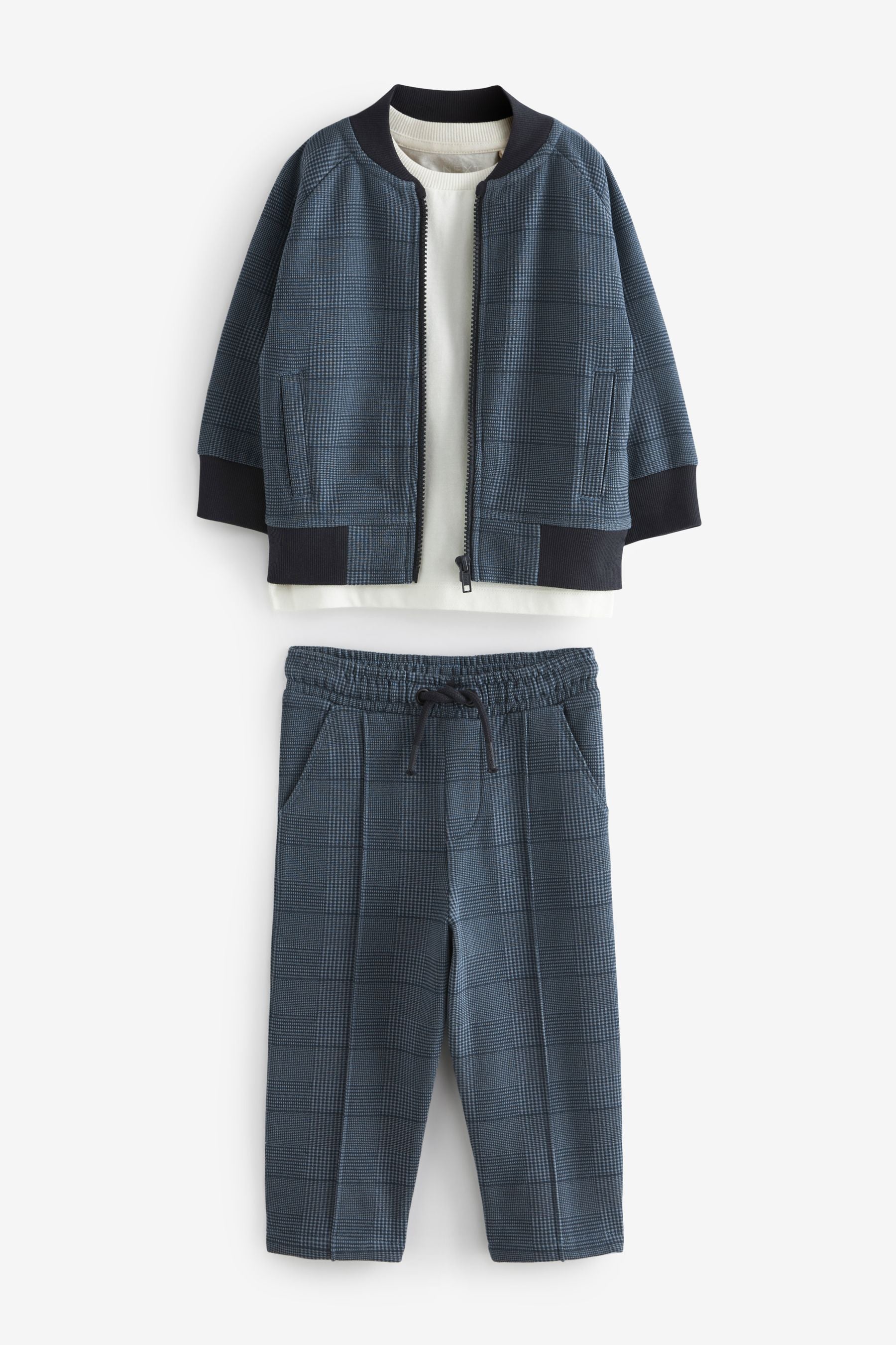 Navy Blue 3 Piece Jersey Check Bomber and Jogger Set (3mths-7yrs)