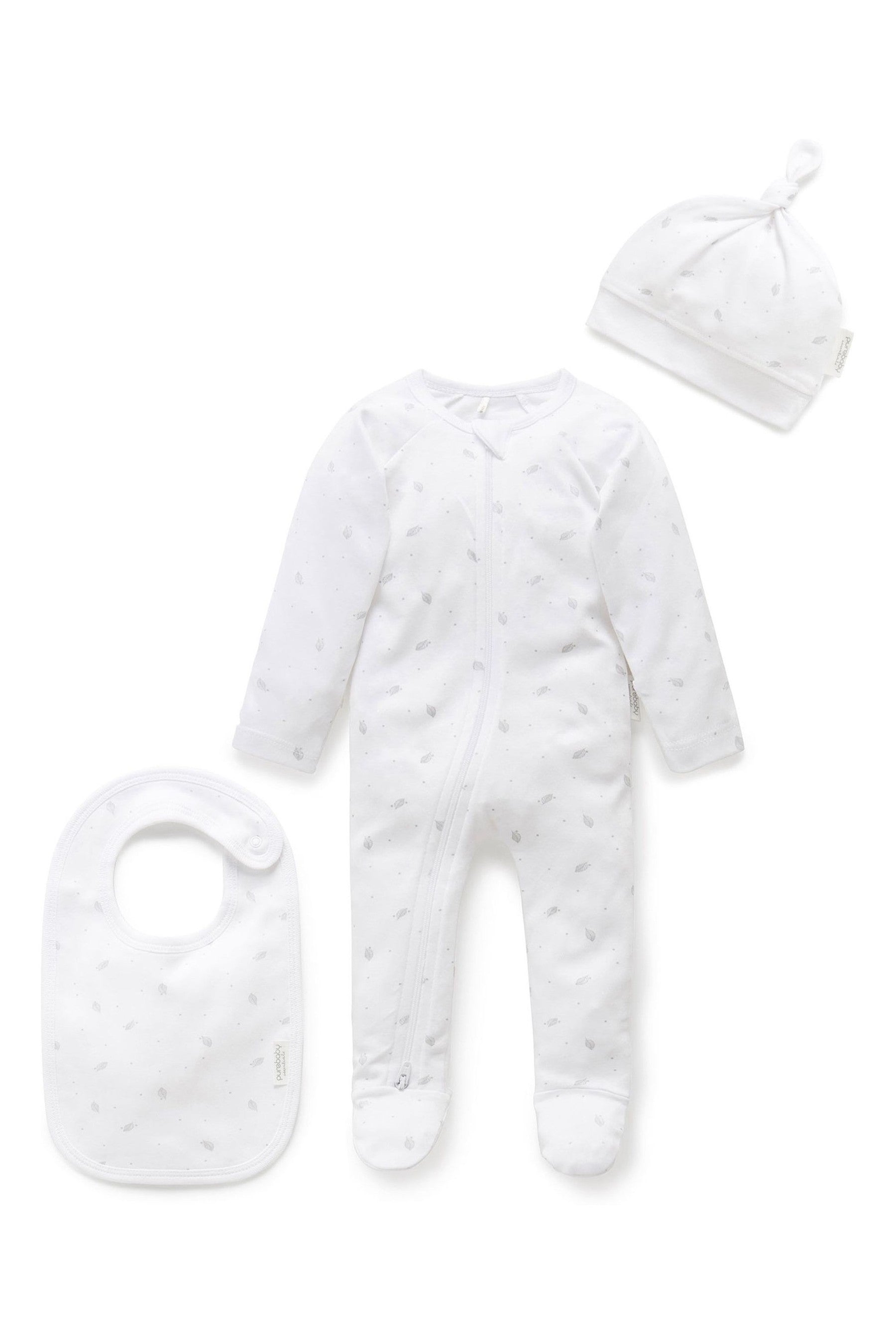 Grey Purebaby 3 Piece Baby Hat, Bib & Sleepsuit Set