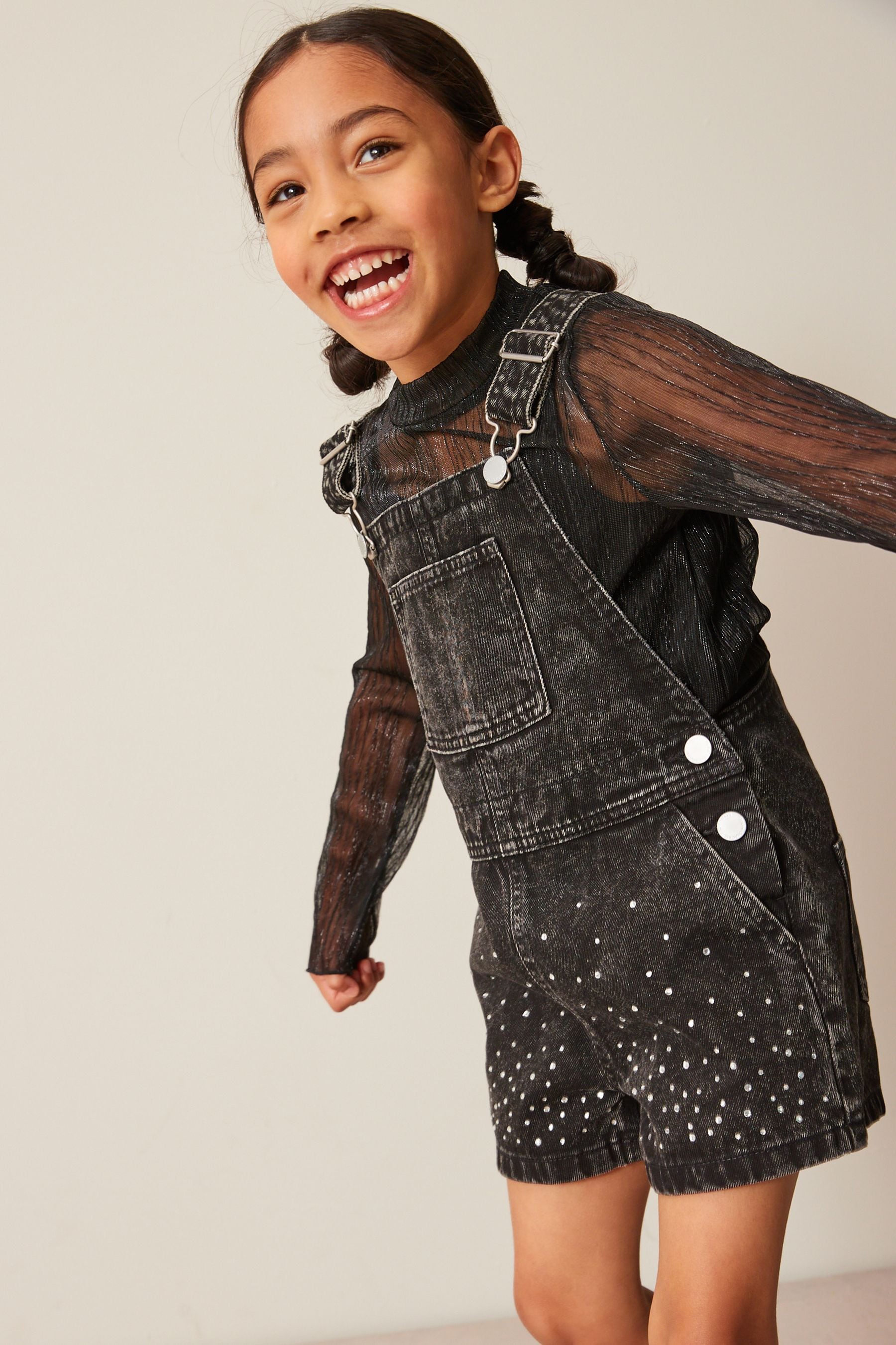 Charcoal Grey Diamante Dungaree (3-16yrs)